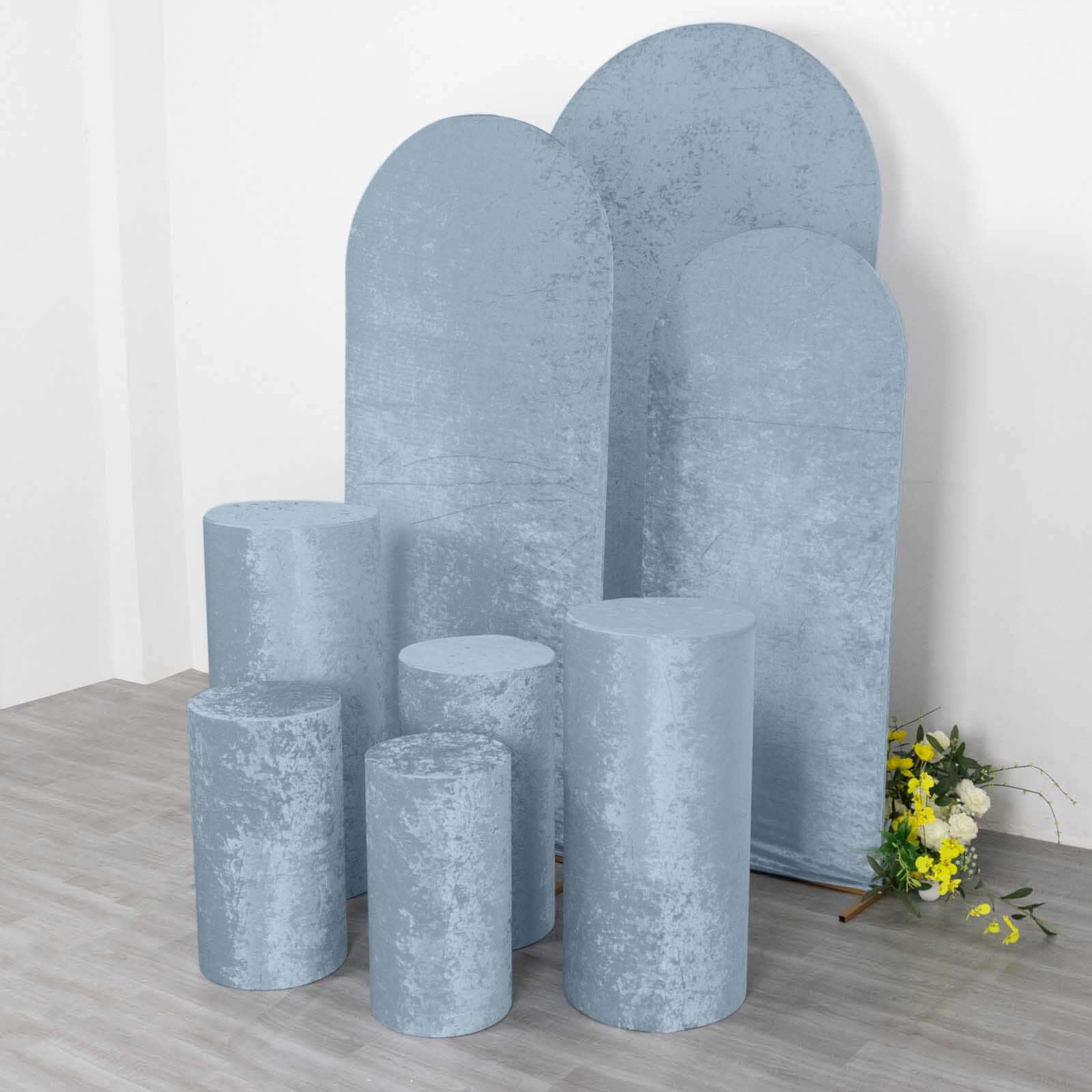 Set of 5 Dusty Blue Crushed Velvet Cylinder Pillar Prop Covers, Premium Pedestal Stand Covers - Image 10