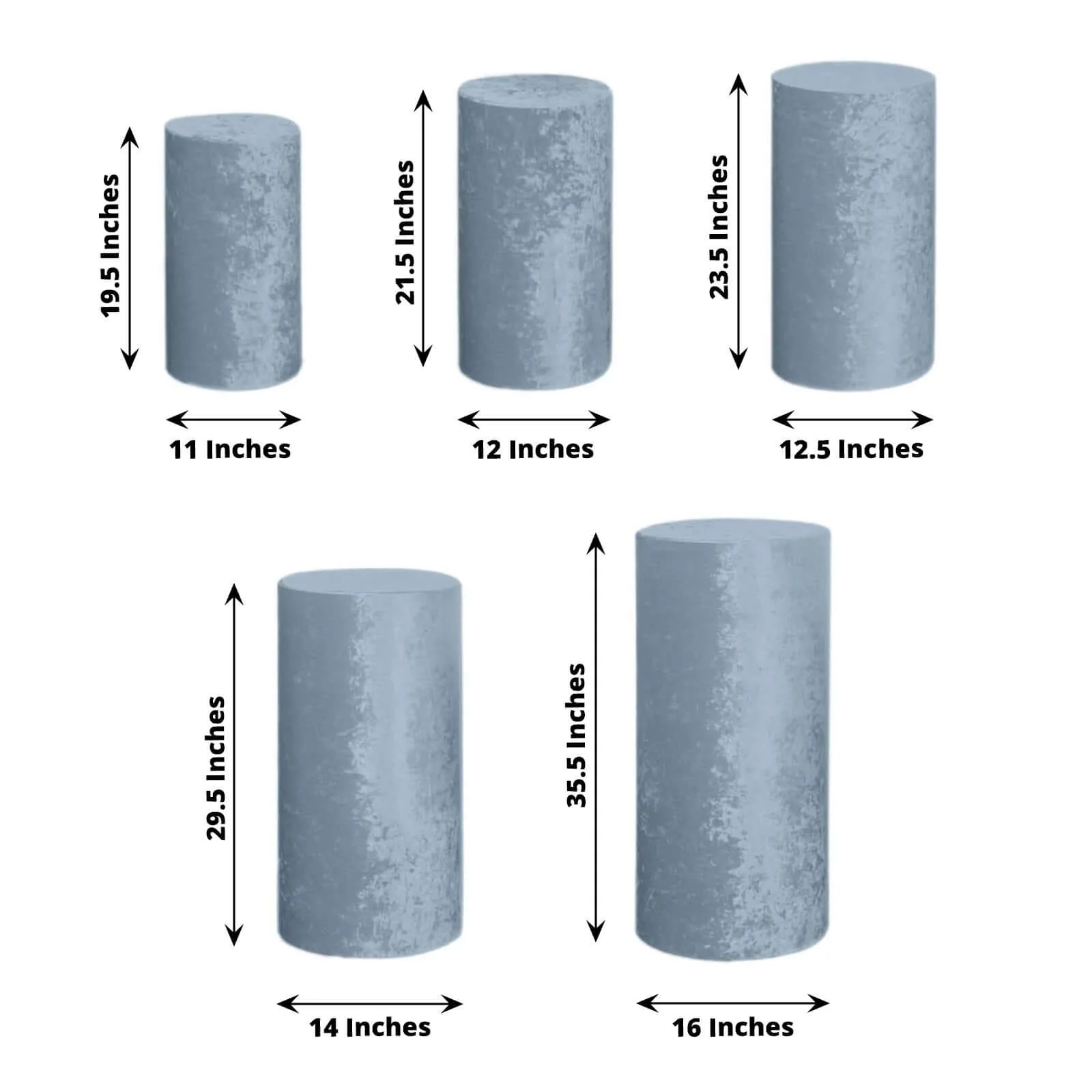 Set of 5 Dusty Blue Crushed Velvet Cylinder Pillar Prop Covers, Premium Pedestal Stand Covers - Image 3