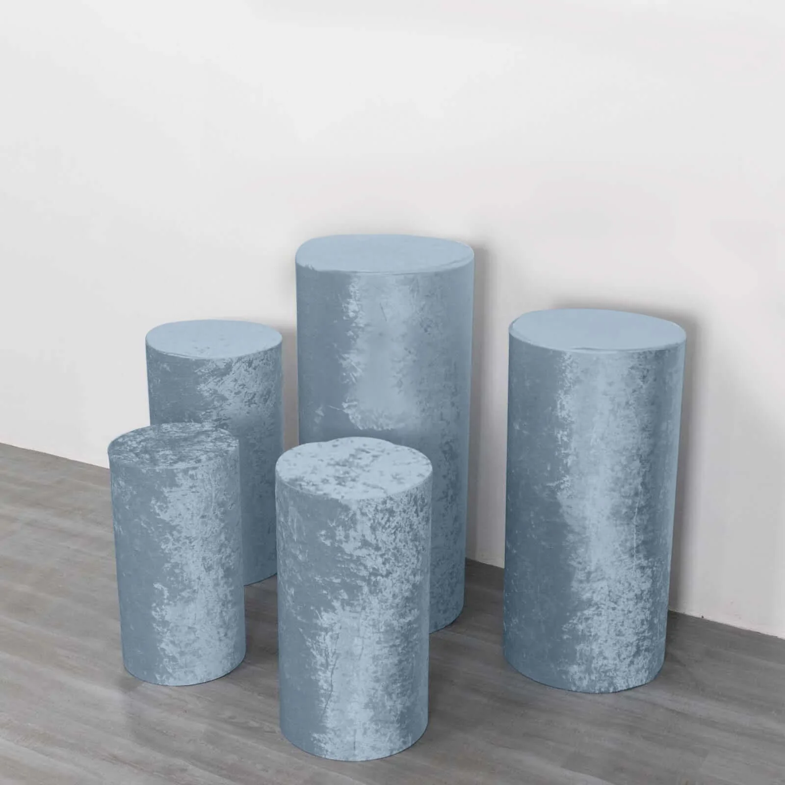 Set of 5 Dusty Blue Crushed Velvet Cylinder Pillar Prop Covers, Premium Pedestal Stand Covers - Image 4