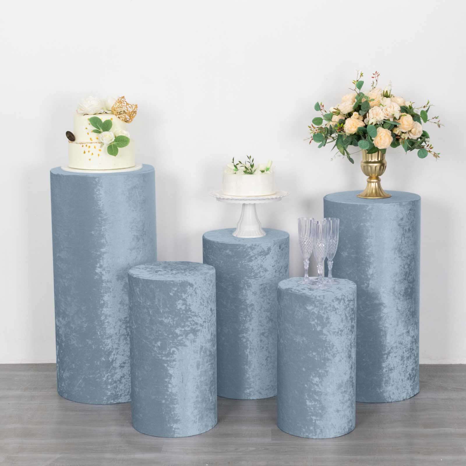 Set of 5 Dusty Blue Crushed Velvet Cylinder Pillar Prop Covers, Premium Pedestal Stand Covers - Image 5