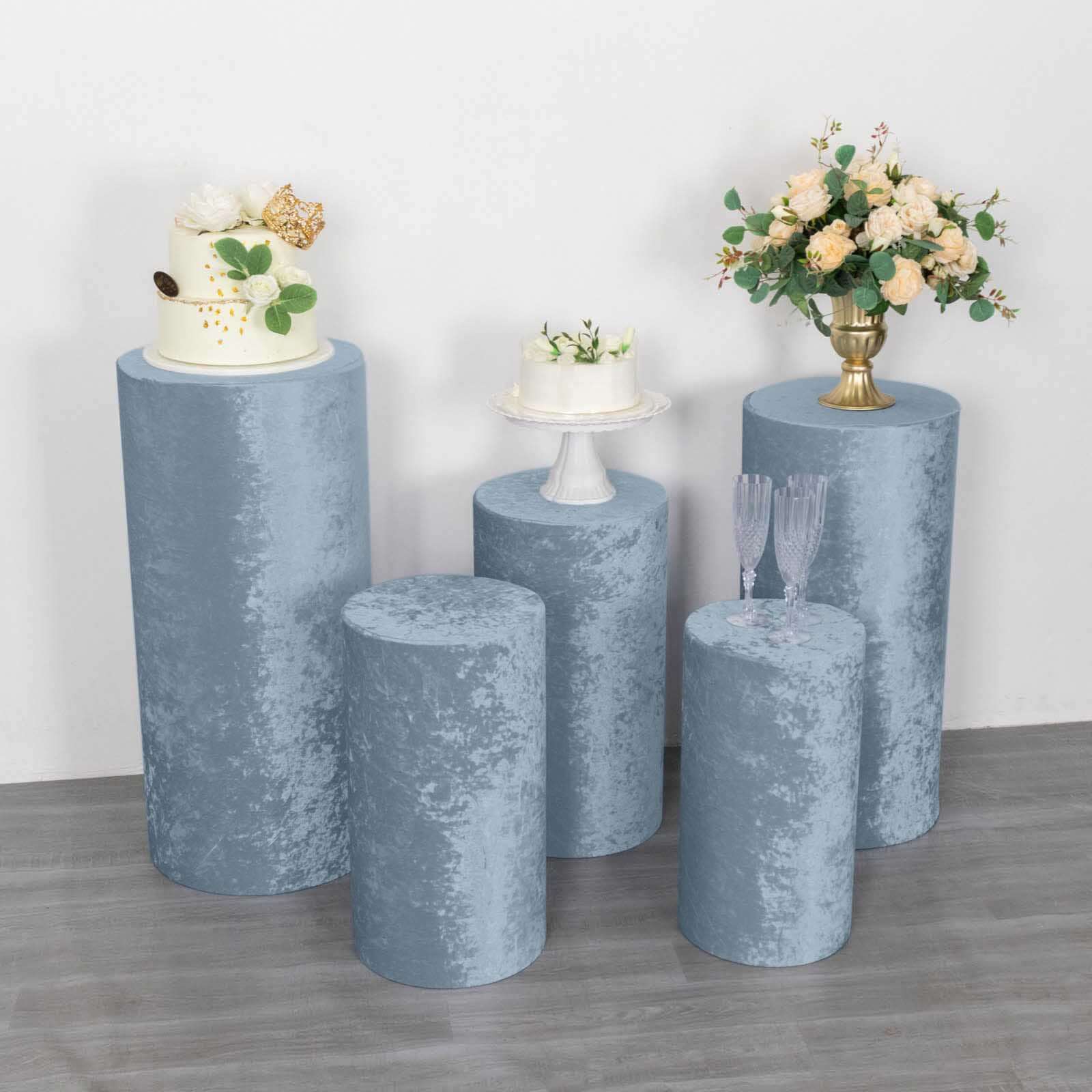 Set of 5 Dusty Blue Crushed Velvet Cylinder Pillar Prop Covers, Premium Pedestal Stand Covers - Image 6