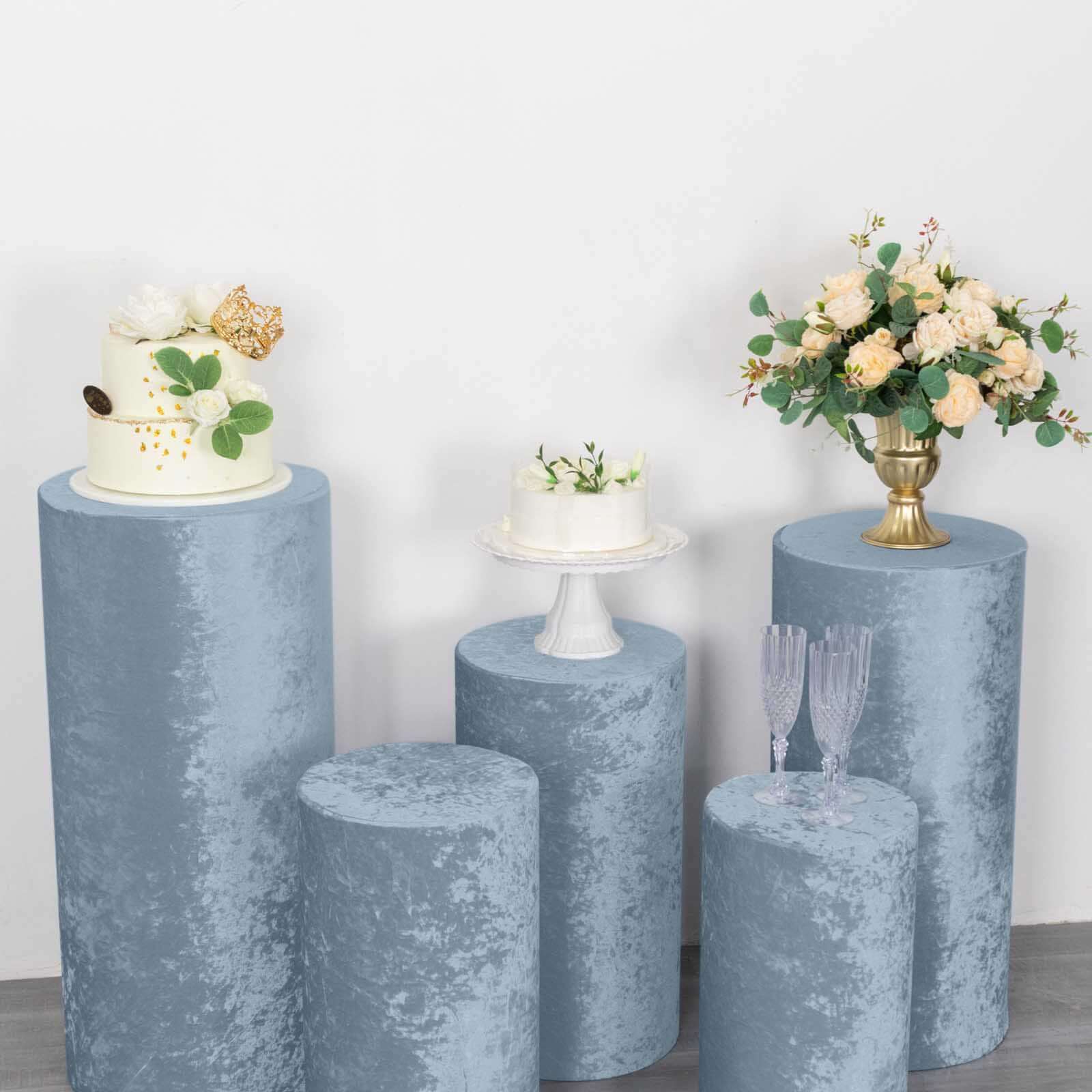 Set of 5 Dusty Blue Crushed Velvet Cylinder Pillar Prop Covers, Premium Pedestal Stand Covers - Image 7