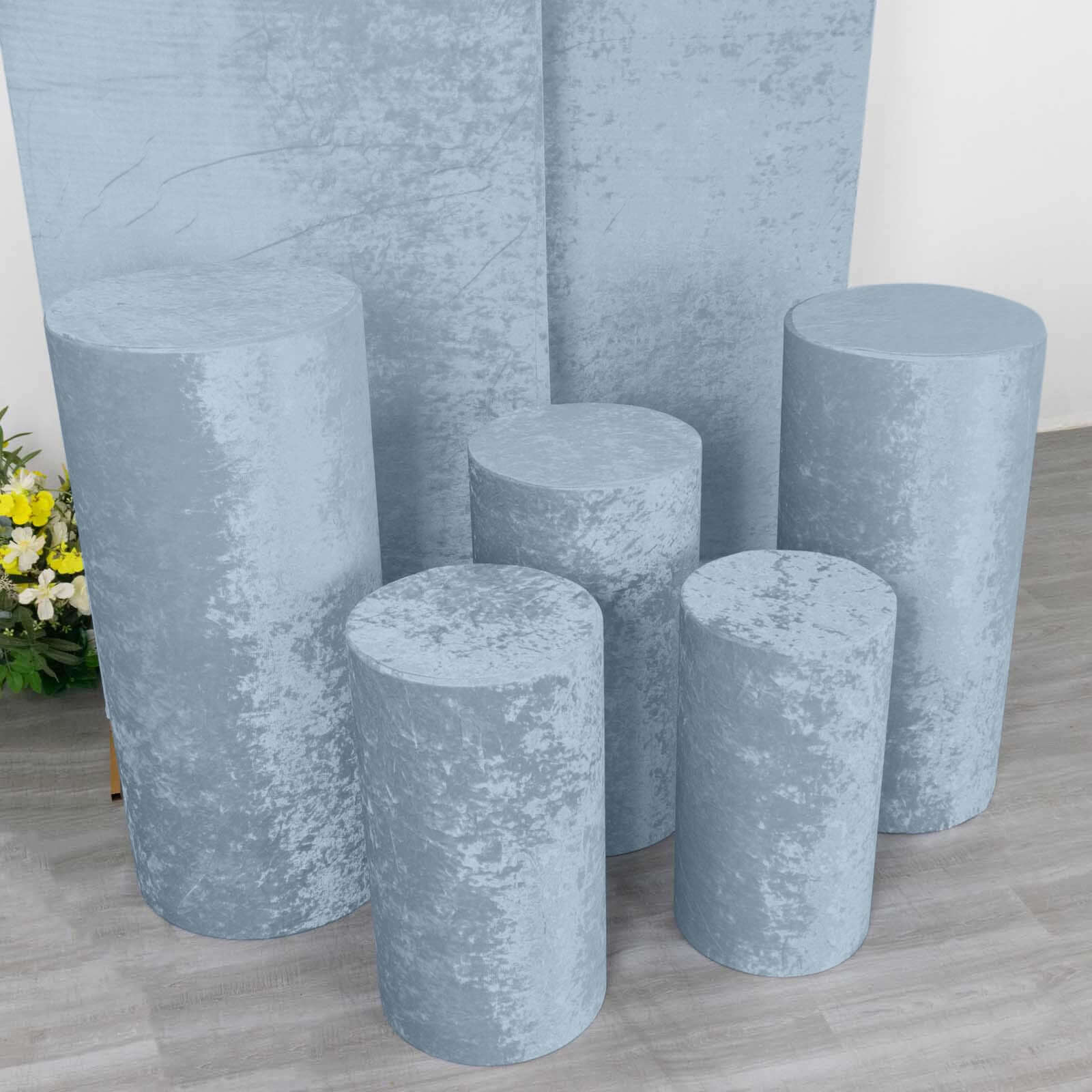 Set of 5 Dusty Blue Crushed Velvet Cylinder Pillar Prop Covers, Premium Pedestal Stand Covers - Image 8