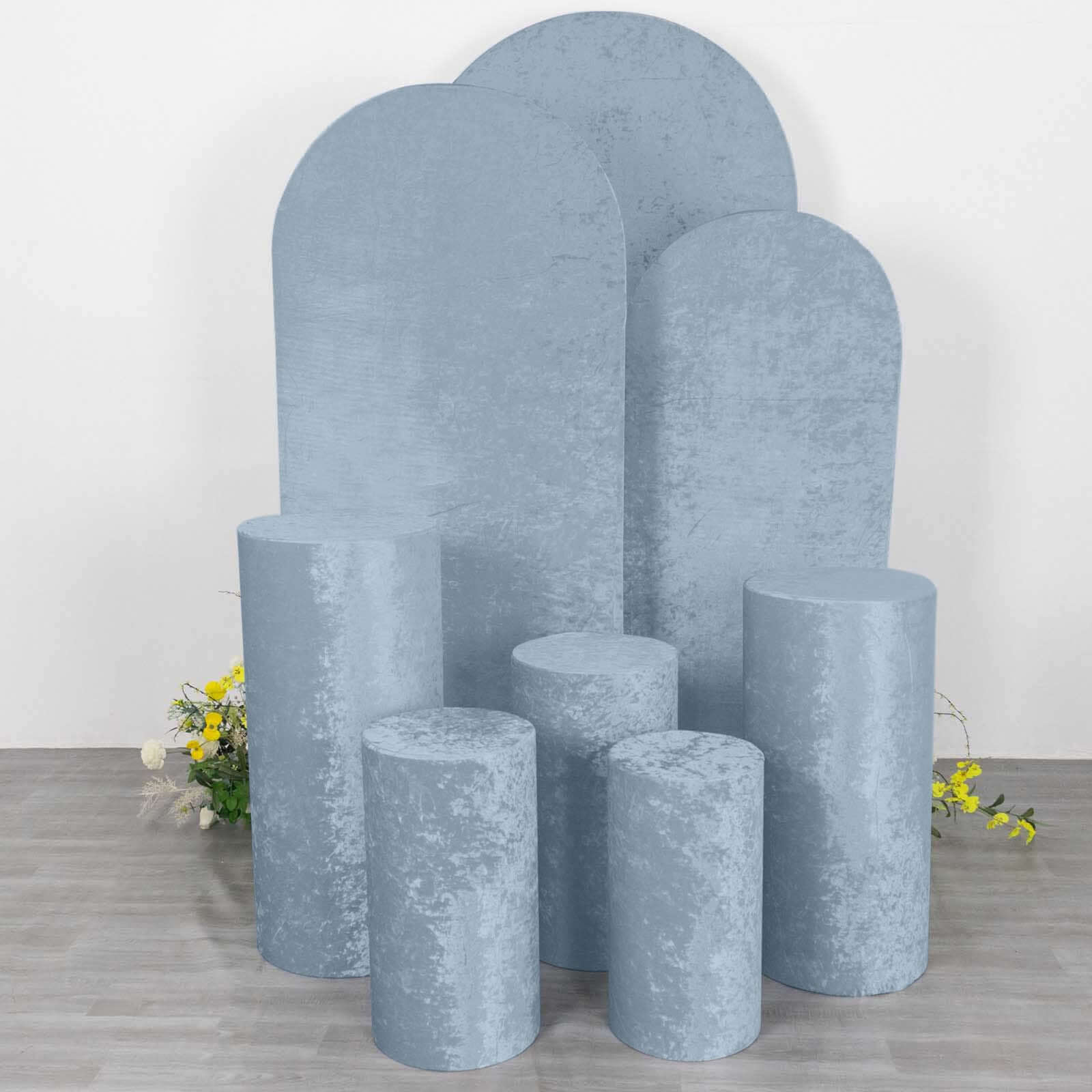 Set of 5 Dusty Blue Crushed Velvet Cylinder Pillar Prop Covers, Premium Pedestal Stand Covers - Image 9