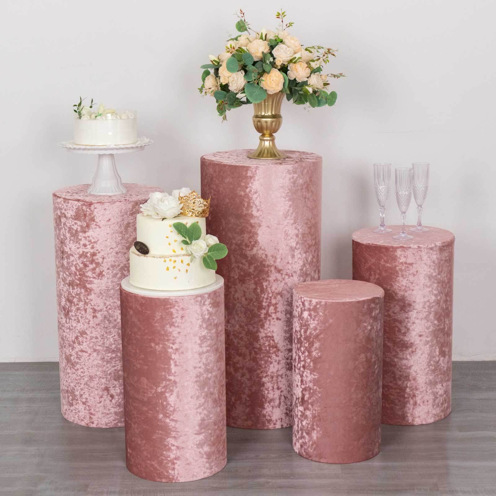 Set of 5 Dusty Rose Crushed Velvet Cylinder Pillar Prop Covers, Premium Pedestal Stand Covers - Image 2