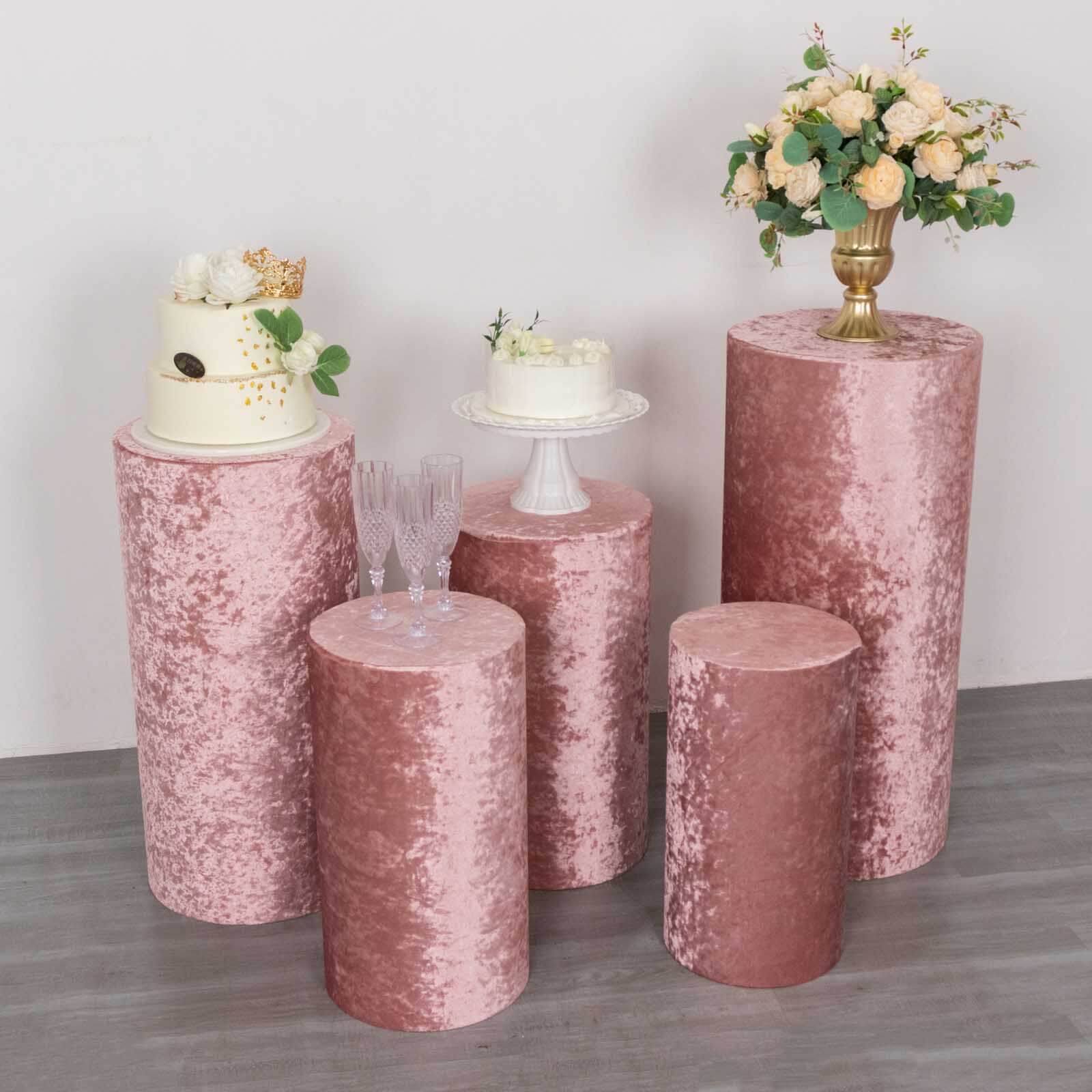 Set of 5 Dusty Rose Crushed Velvet Cylinder Pillar Prop Covers, Premium Pedestal Stand Covers - Image 5