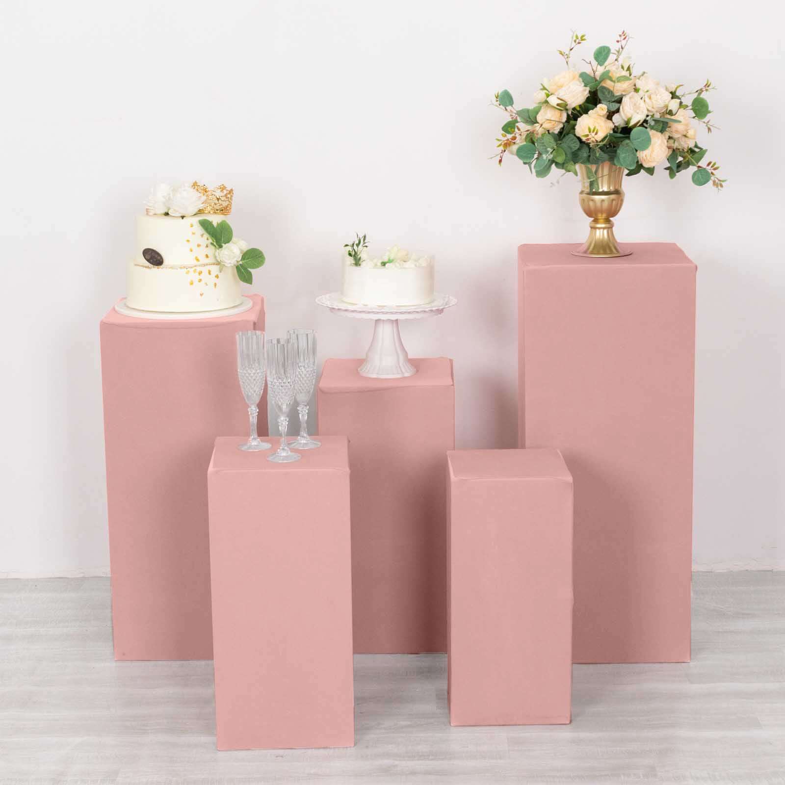 Set of 5 Dusty Rose Spandex Rectangle Pillar Prop Covers, Stretchable Pedestal Stand Covers - 160 GSM - Image 11