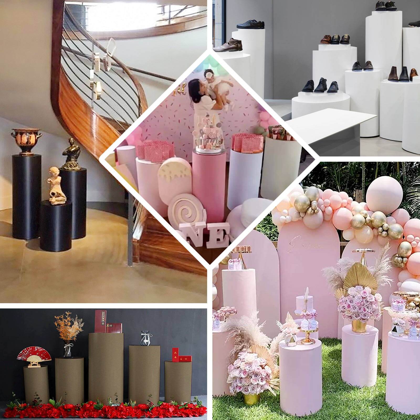 Set of 5 Fuchsia Spandex Cylinder Pillar Prop Covers, Stretchable Pedestal Stand Covers - 160 GSM - Image 5