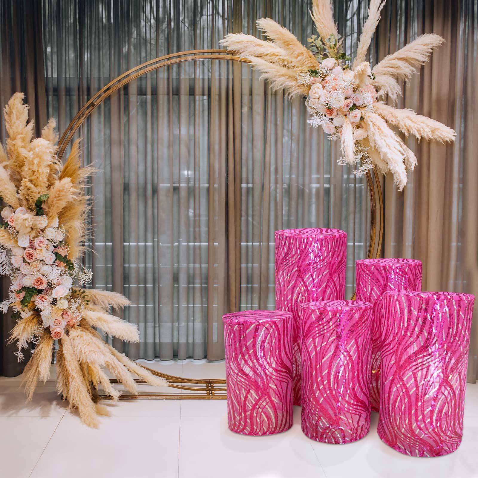 Set of 5 Fuchsia Wave Mesh Cylinder Pillar Prop Covers with Embroidered Sequins, Premium Pedestal Stand Covers - 160 GSM - Image 2