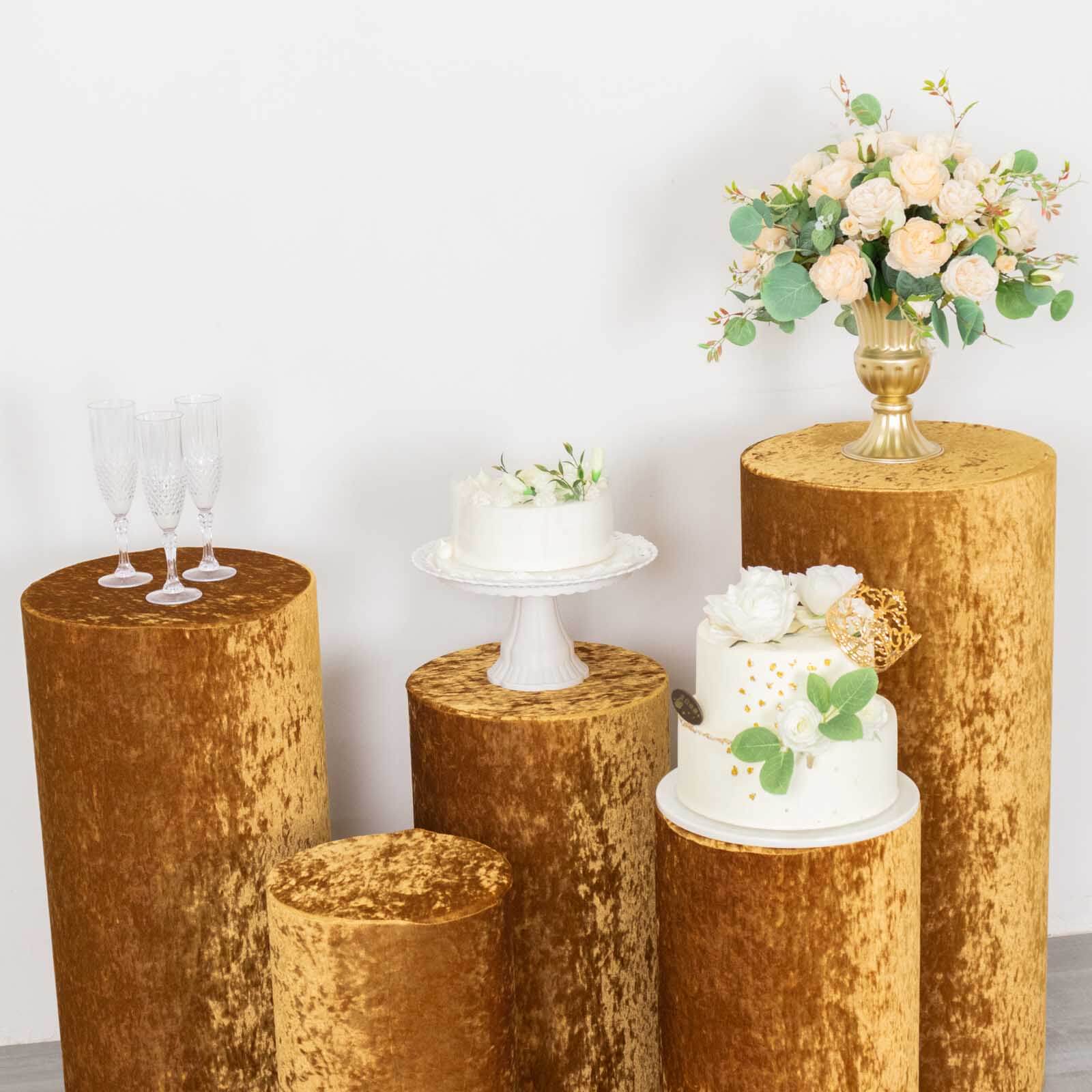 Set of 5 Gold Crushed Velvet Cylinder Pillar Prop Covers, Premium Pedestal Stand Covers - Image 10
