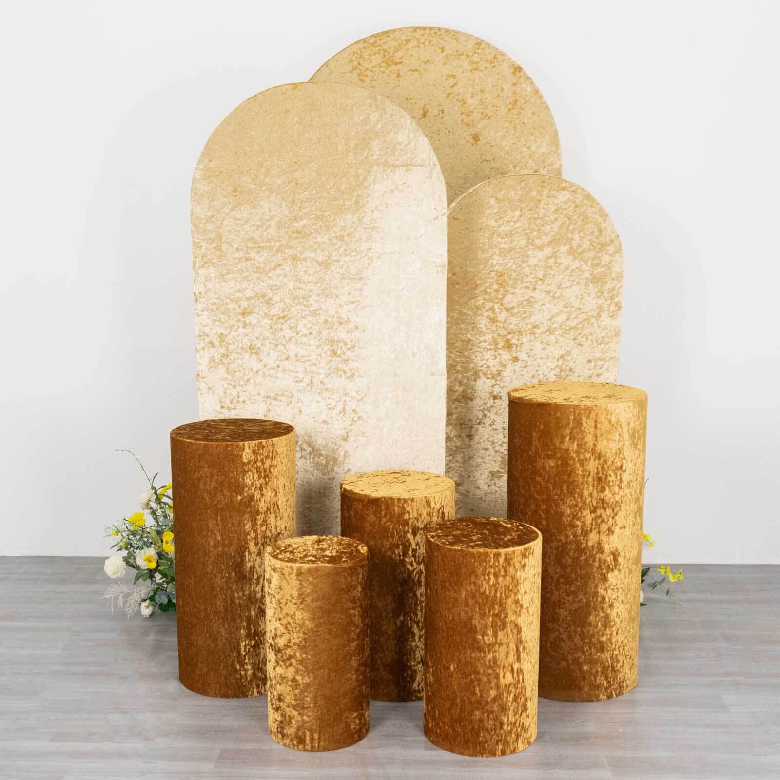 Set of 5 Gold Crushed Velvet Cylinder Pillar Prop Covers, Premium Pedestal Stand Covers - Image 2
