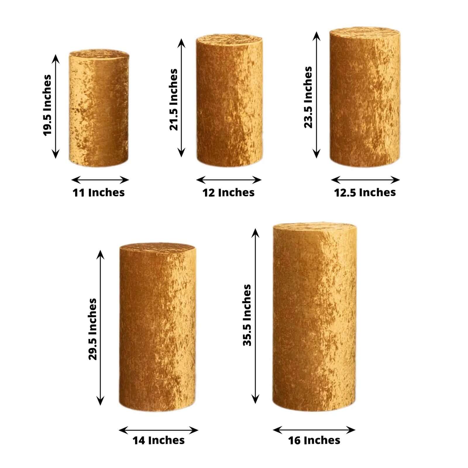 Set of 5 Gold Crushed Velvet Cylinder Pillar Prop Covers, Premium Pedestal Stand Covers - Image 3