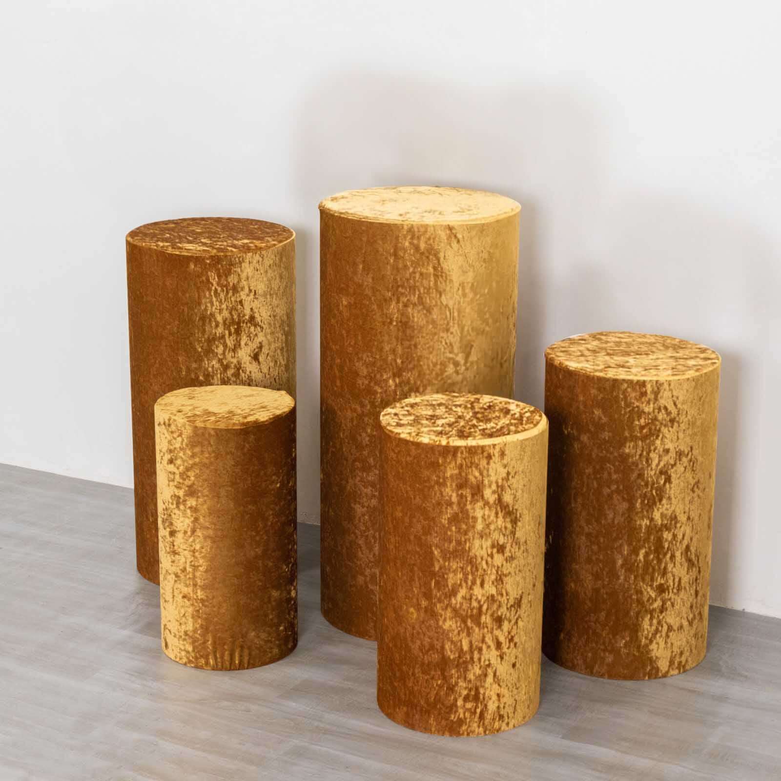 Set of 5 Gold Crushed Velvet Cylinder Pillar Prop Covers, Premium Pedestal Stand Covers - Image 4