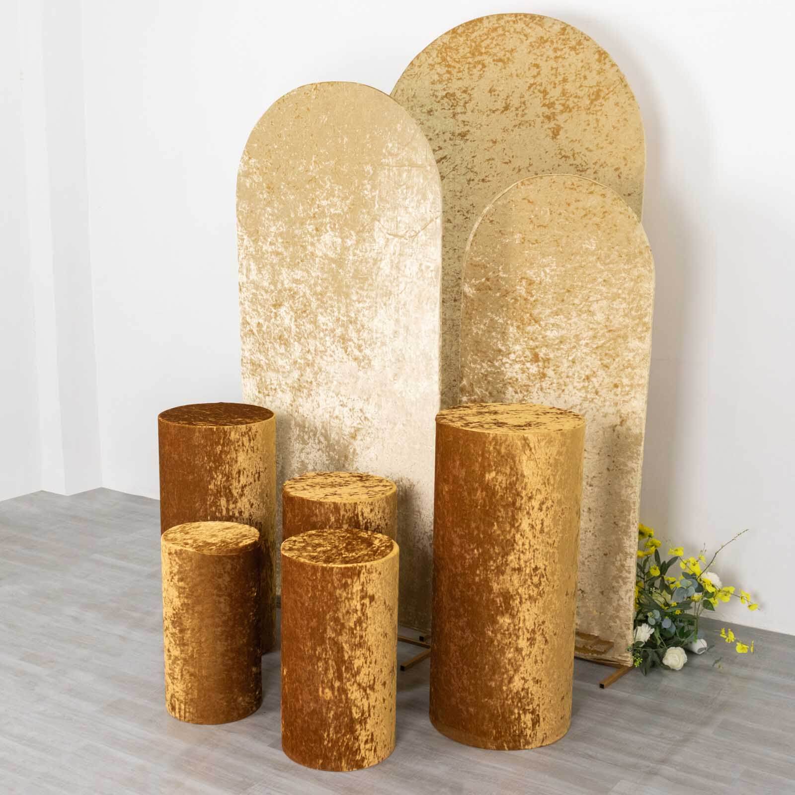 Set of 5 Gold Crushed Velvet Cylinder Pillar Prop Covers, Premium Pedestal Stand Covers - Image 5