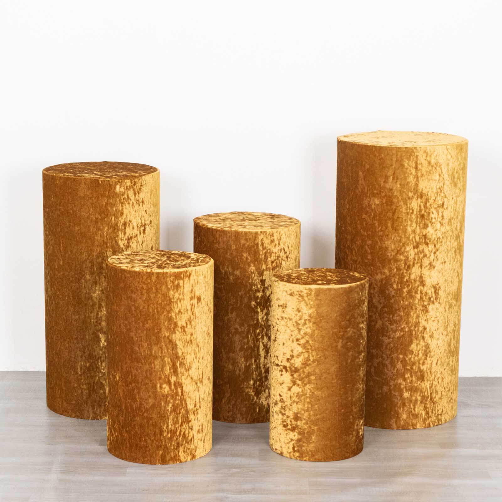 Set of 5 Gold Crushed Velvet Cylinder Pillar Prop Covers, Premium Pedestal Stand Covers - Image 7