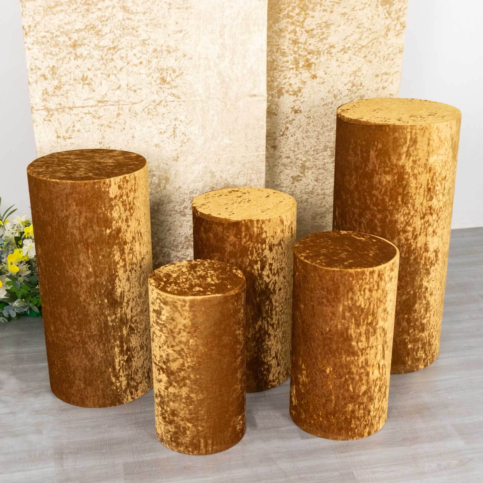 Set of 5 Gold Crushed Velvet Cylinder Pillar Prop Covers, Premium Pedestal Stand Covers - Image 8