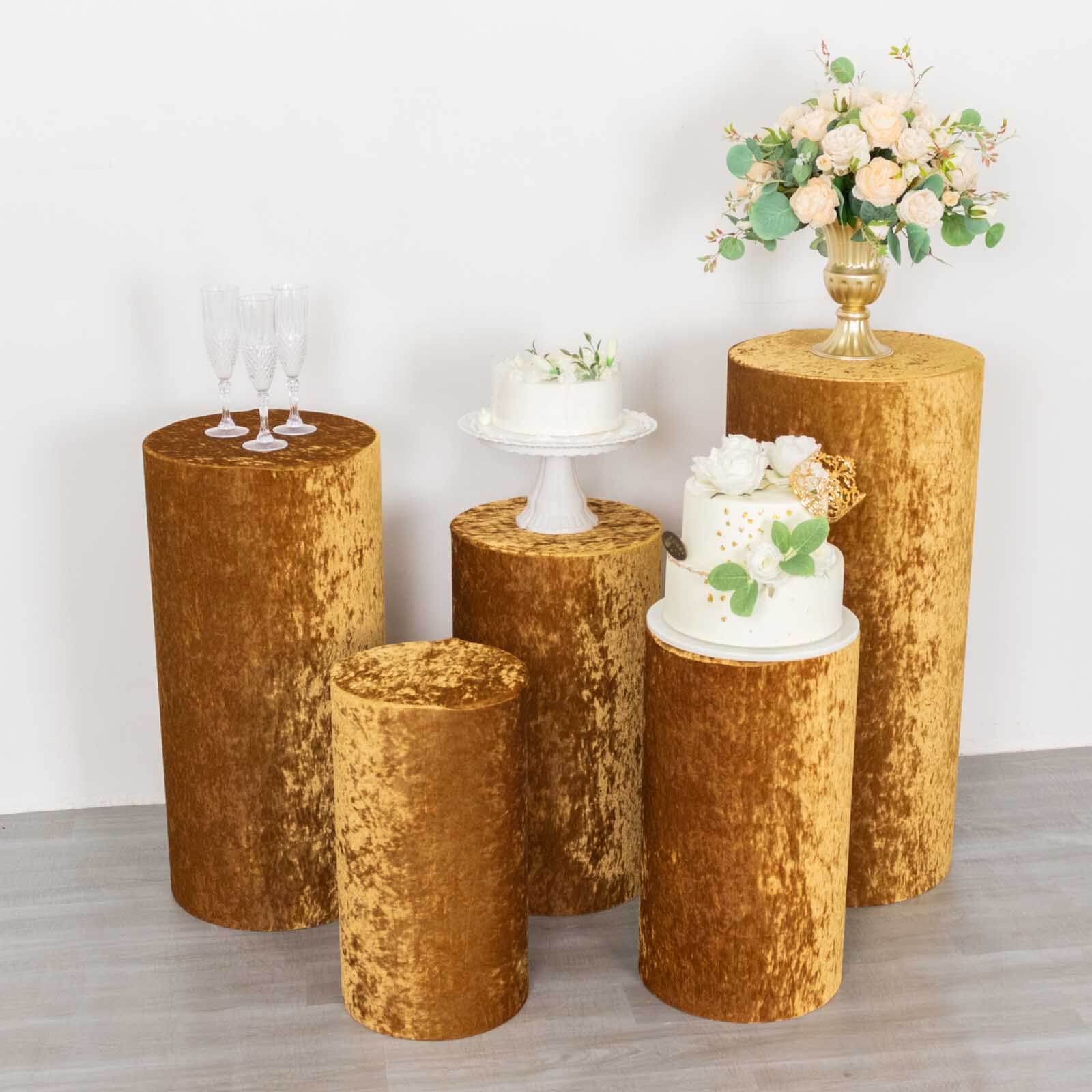 Set of 5 Gold Crushed Velvet Cylinder Pillar Prop Covers, Premium Pedestal Stand Covers - Image 9