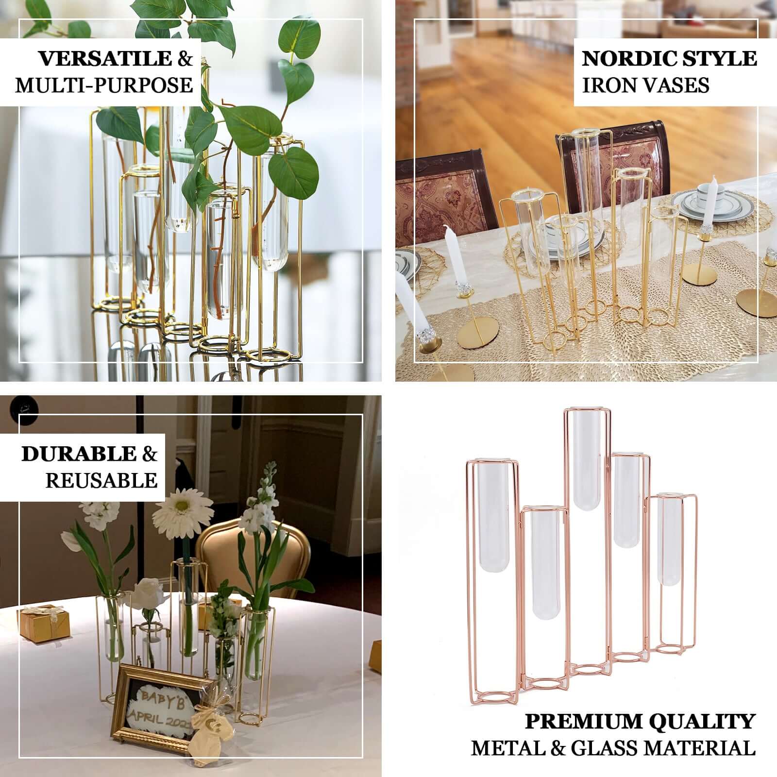 Set of 5 Gold Frame Test Tube Hydroponic Vases 12" Conjoined Geometric Design - Wedding Centerpieces - Image 4