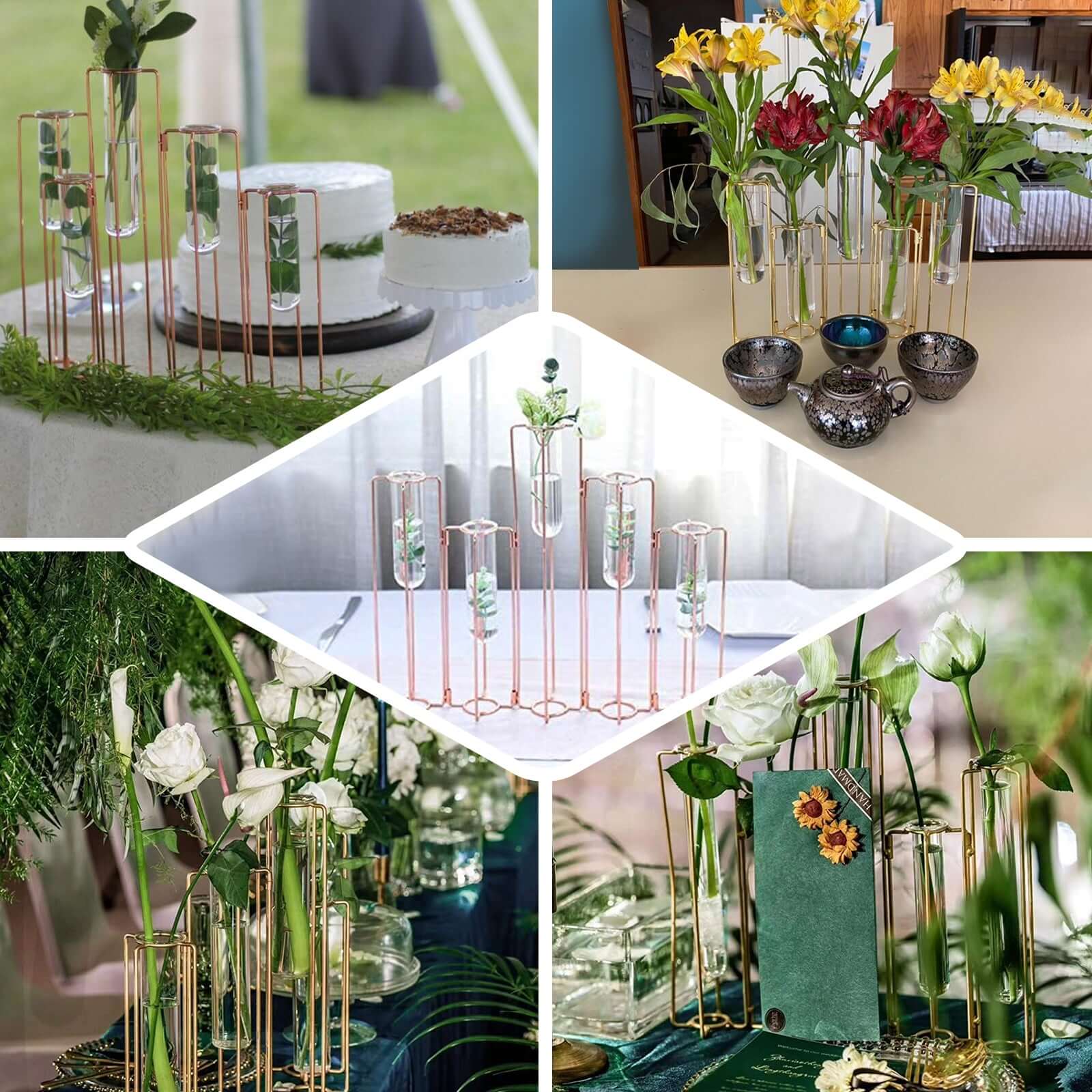 Set of 5 Gold Frame Test Tube Hydroponic Vases 12" Conjoined Geometric Design - Wedding Centerpieces - Image 5