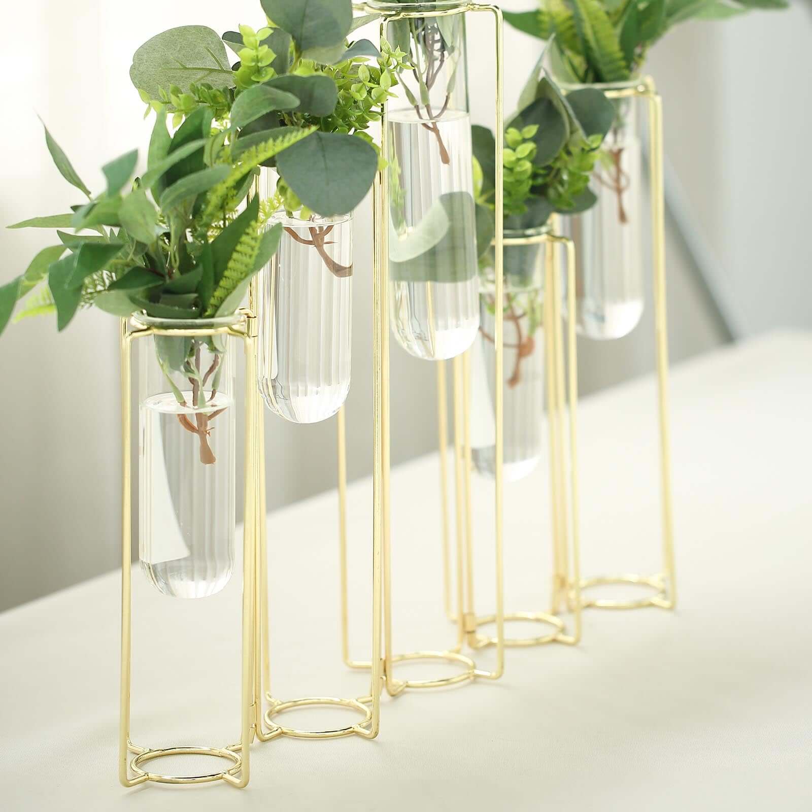 Set of 5 Gold Frame Test Tube Hydroponic Vases 12" Conjoined Geometric Design - Wedding Centerpieces - Image 6