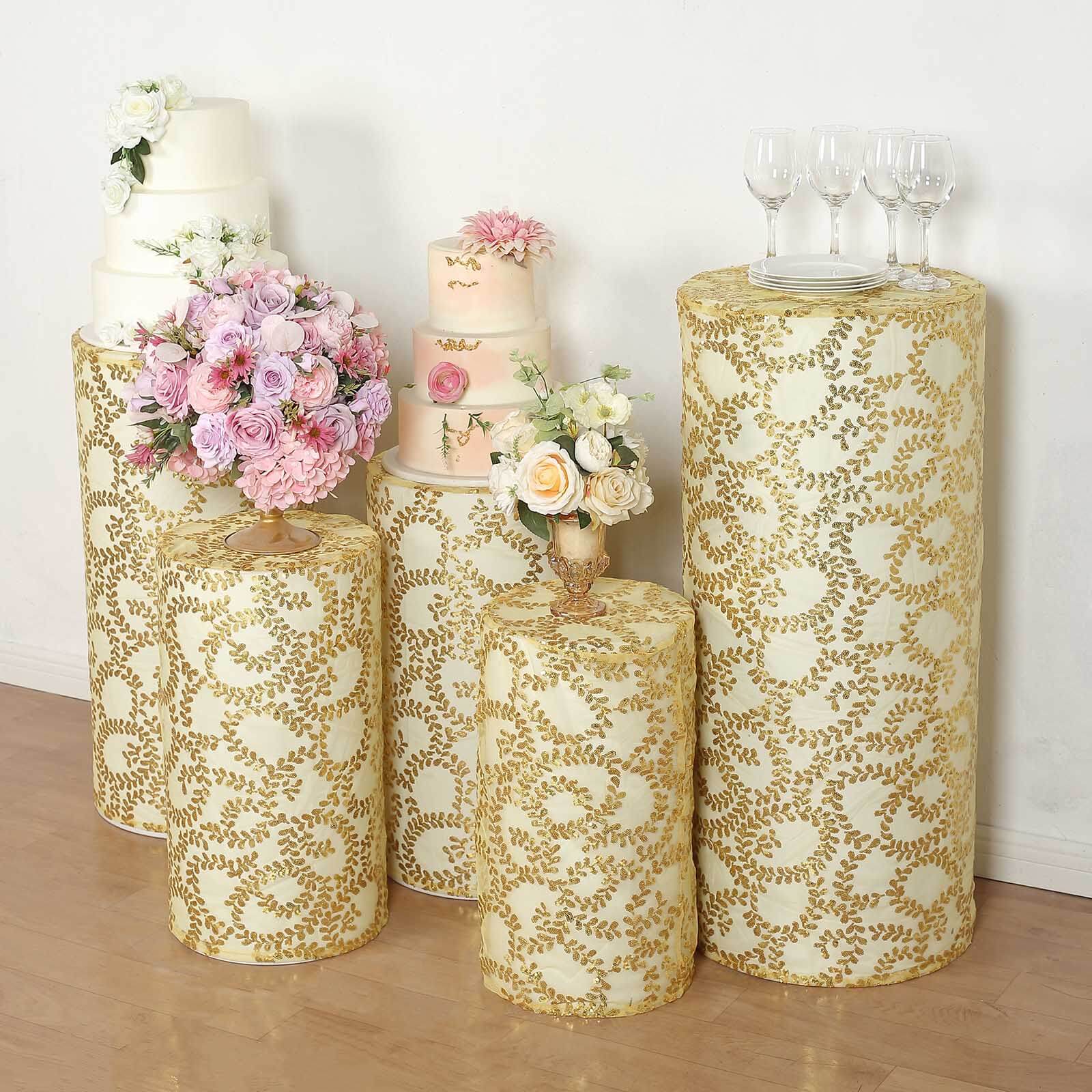 Set of 5 Gold Sequin Mesh Cylinder Pillar Prop Covers with Leaf Vine Embroidery, Sparkly Sheer Tulle Pedestal Stand Covers - Image 4