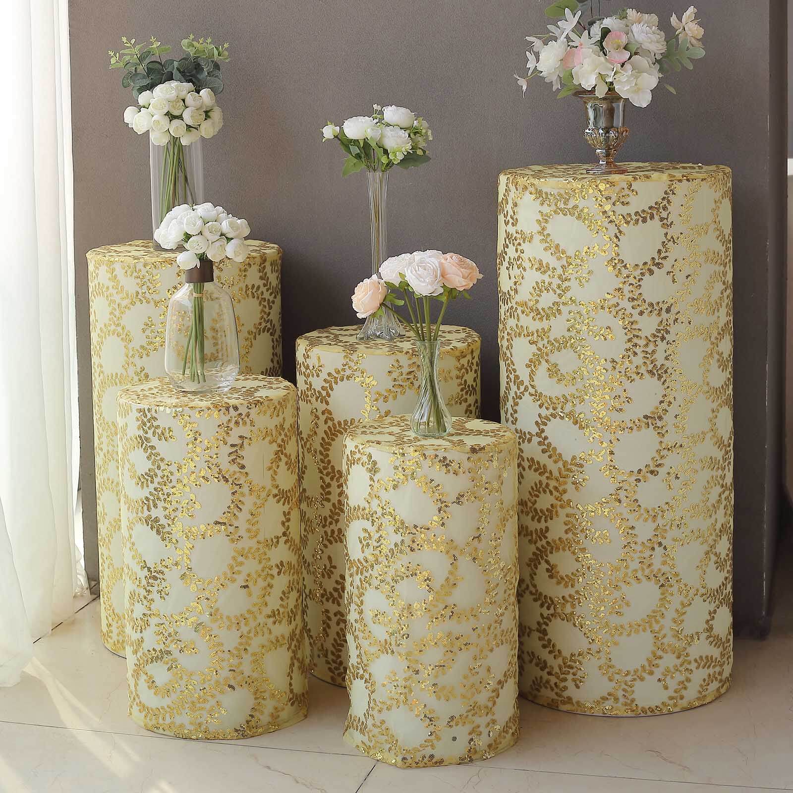 Set of 5 Gold Sequin Mesh Cylinder Pillar Prop Covers with Leaf Vine Embroidery, Sparkly Sheer Tulle Pedestal Stand Covers - Image 6