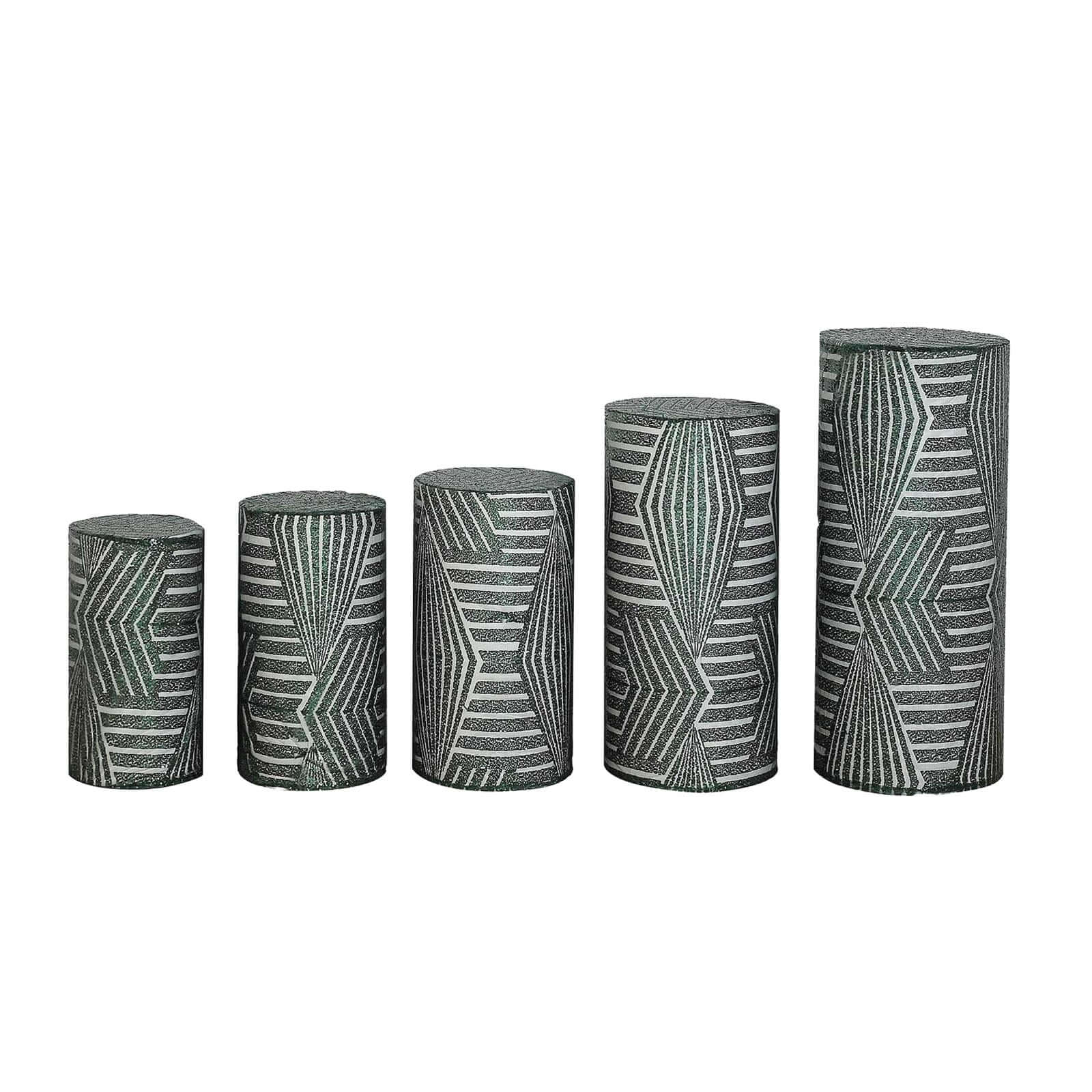 Set of 5 Hunter Emerald Green Sequin Mesh Cylinder Pillar Prop Covers with Geometric Pattern Embroidery, Sparkly Sheer Tulle Pedestal Stand Covers - Image 12
