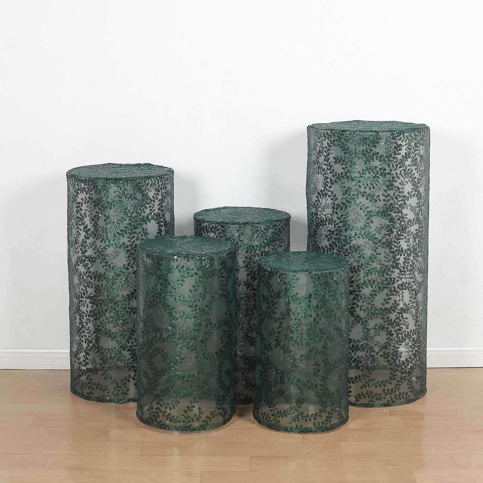 Set of 5 Hunter Emerald Green Sequin Mesh Cylinder Pillar Prop Covers with Leaf Vine Embroidery, Sparkly Sheer Tulle Pedestal Stand Covers - Image 2