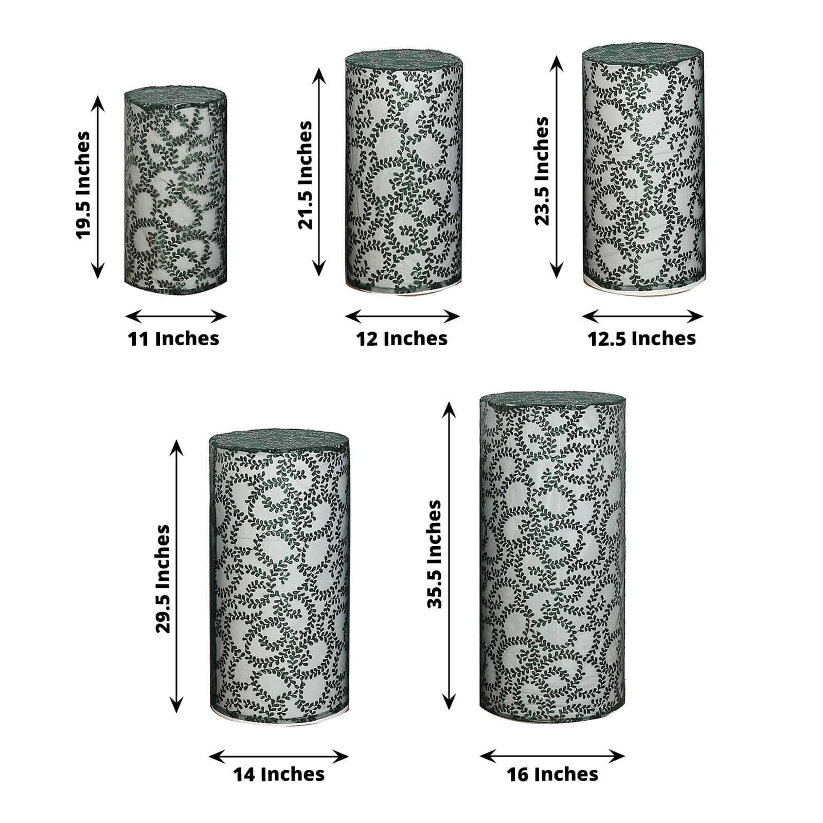 Set of 5 Hunter Emerald Green Sequin Mesh Cylinder Pillar Prop Covers with Leaf Vine Embroidery, Sparkly Sheer Tulle Pedestal Stand Covers - Image 3