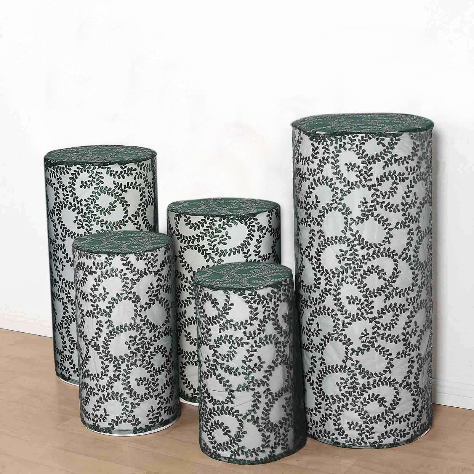 Set of 5 Hunter Emerald Green Sequin Mesh Cylinder Pillar Prop Covers with Leaf Vine Embroidery, Sparkly Sheer Tulle Pedestal Stand Covers - Image 4