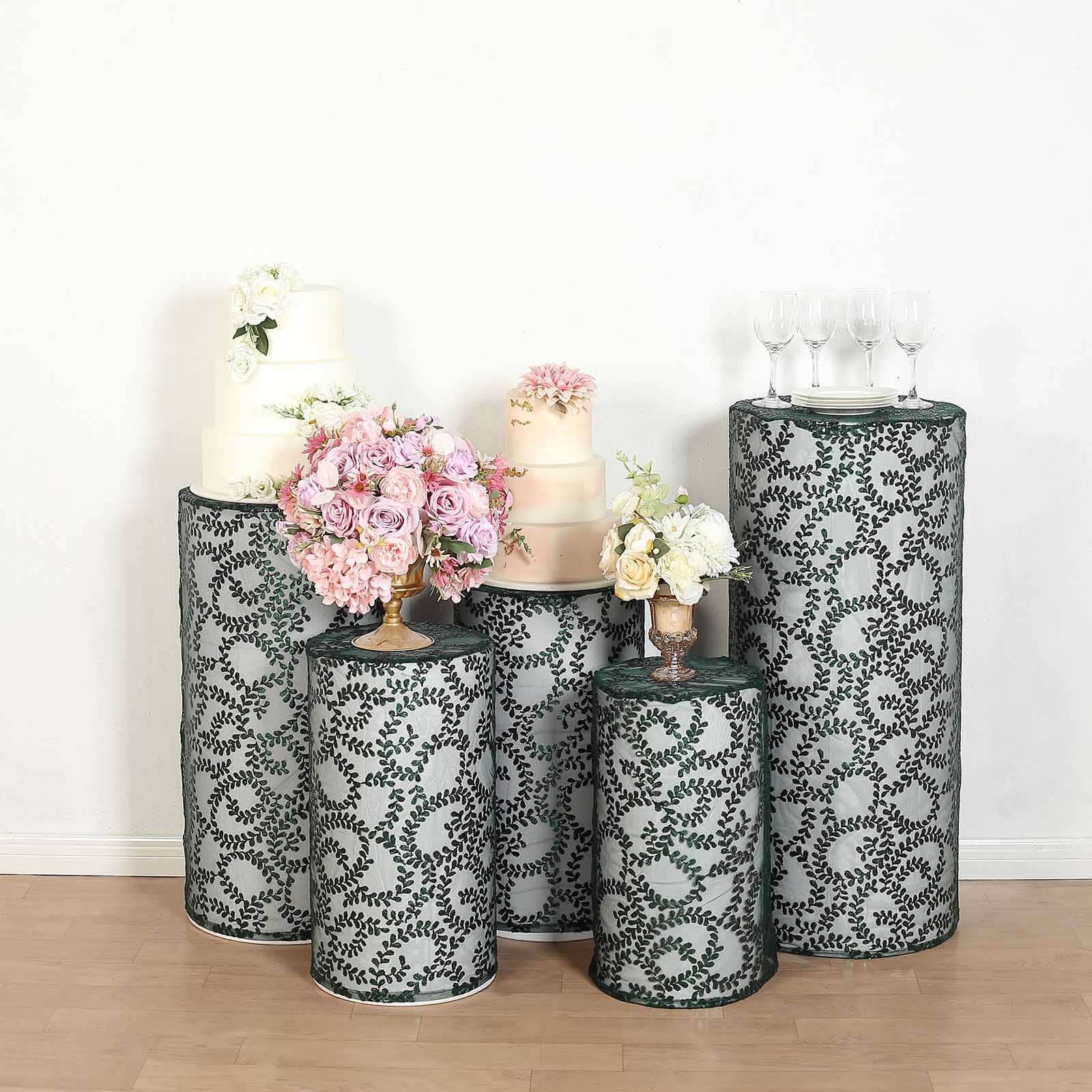 Set of 5 Hunter Emerald Green Sequin Mesh Cylinder Pillar Prop Covers with Leaf Vine Embroidery, Sparkly Sheer Tulle Pedestal Stand Covers - Image 5