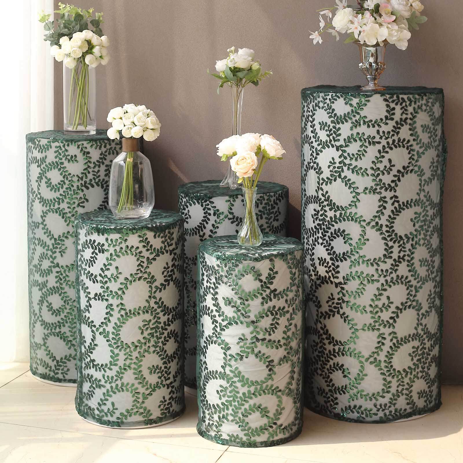 Set of 5 Hunter Emerald Green Sequin Mesh Cylinder Pillar Prop Covers with Leaf Vine Embroidery, Sparkly Sheer Tulle Pedestal Stand Covers - Image 6