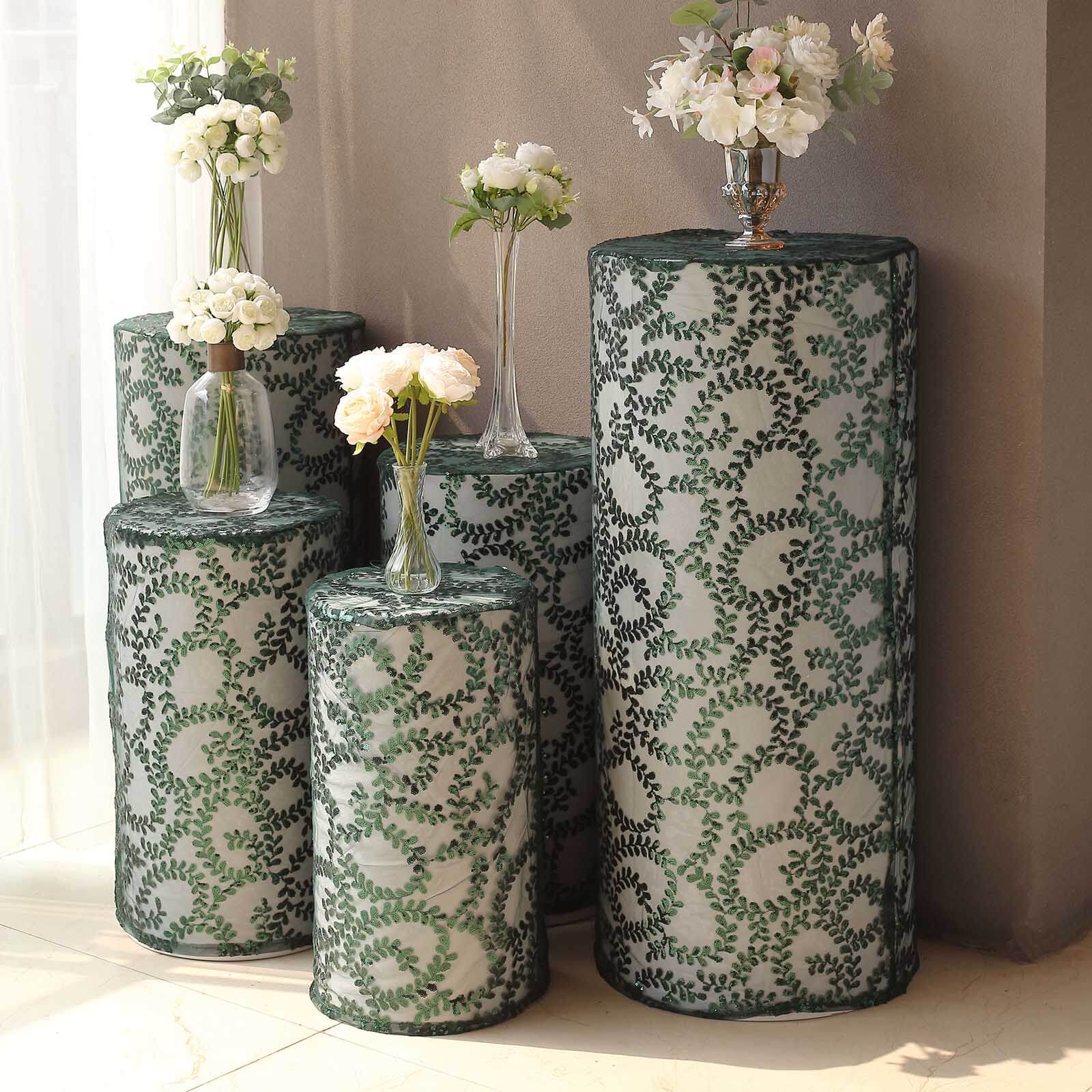 Set of 5 Hunter Emerald Green Sequin Mesh Cylinder Pillar Prop Covers with Leaf Vine Embroidery, Sparkly Sheer Tulle Pedestal Stand Covers - Image 7