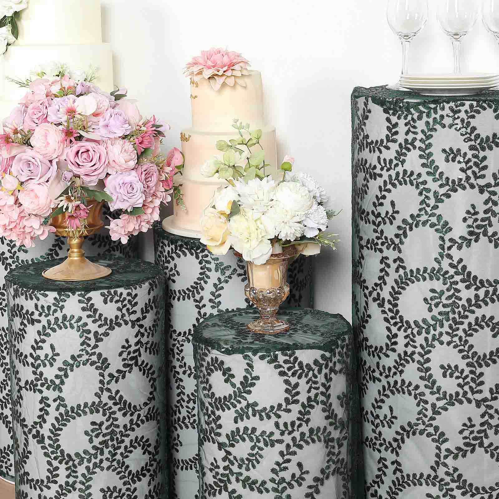 Set of 5 Hunter Emerald Green Sequin Mesh Cylinder Pillar Prop Covers with Leaf Vine Embroidery, Sparkly Sheer Tulle Pedestal Stand Covers - Image 9