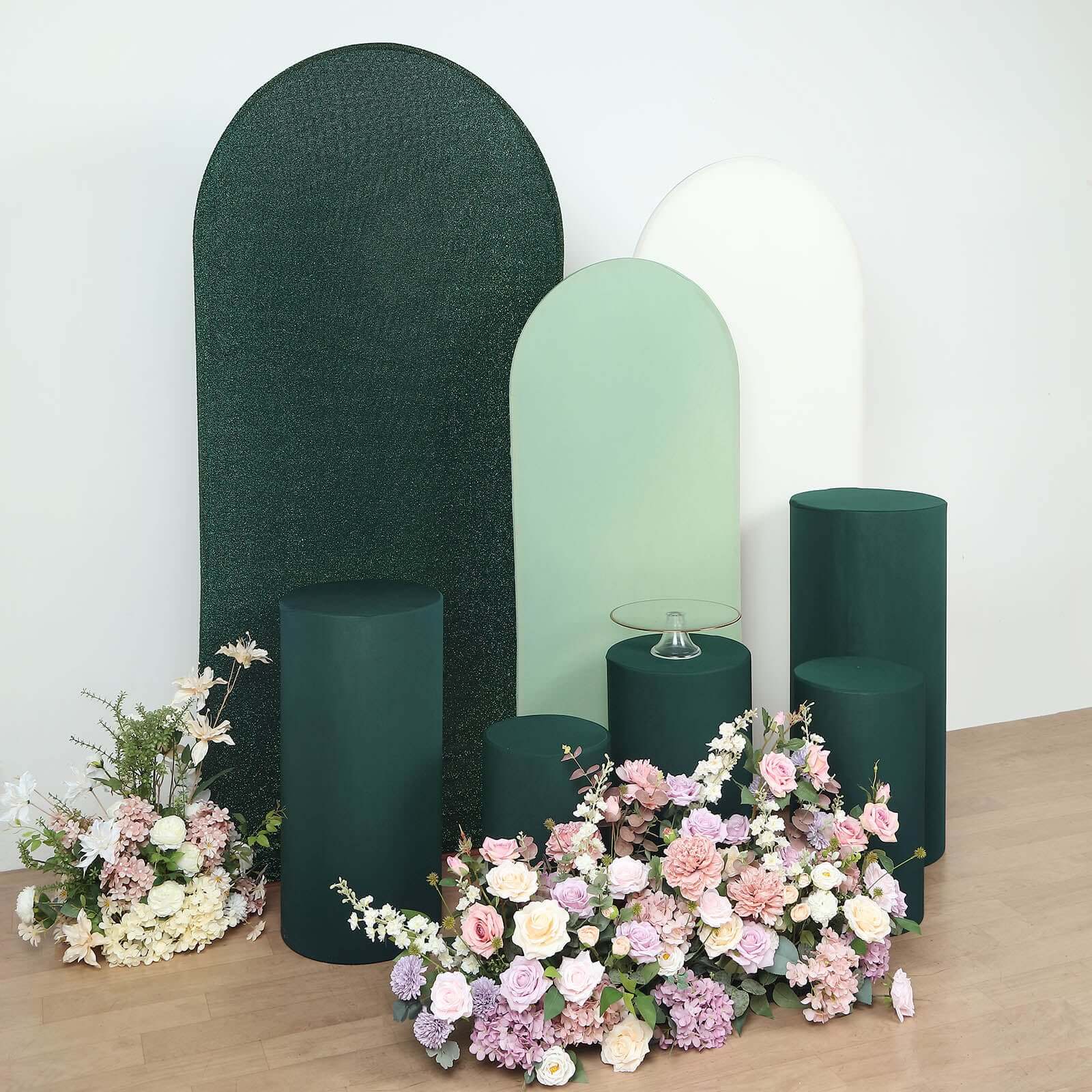 Set of 5 Hunter Emerald Green Spandex Cylinder Pillar Prop Covers, Stretchable Pedestal Stand Covers - 160 GSM - Image 2