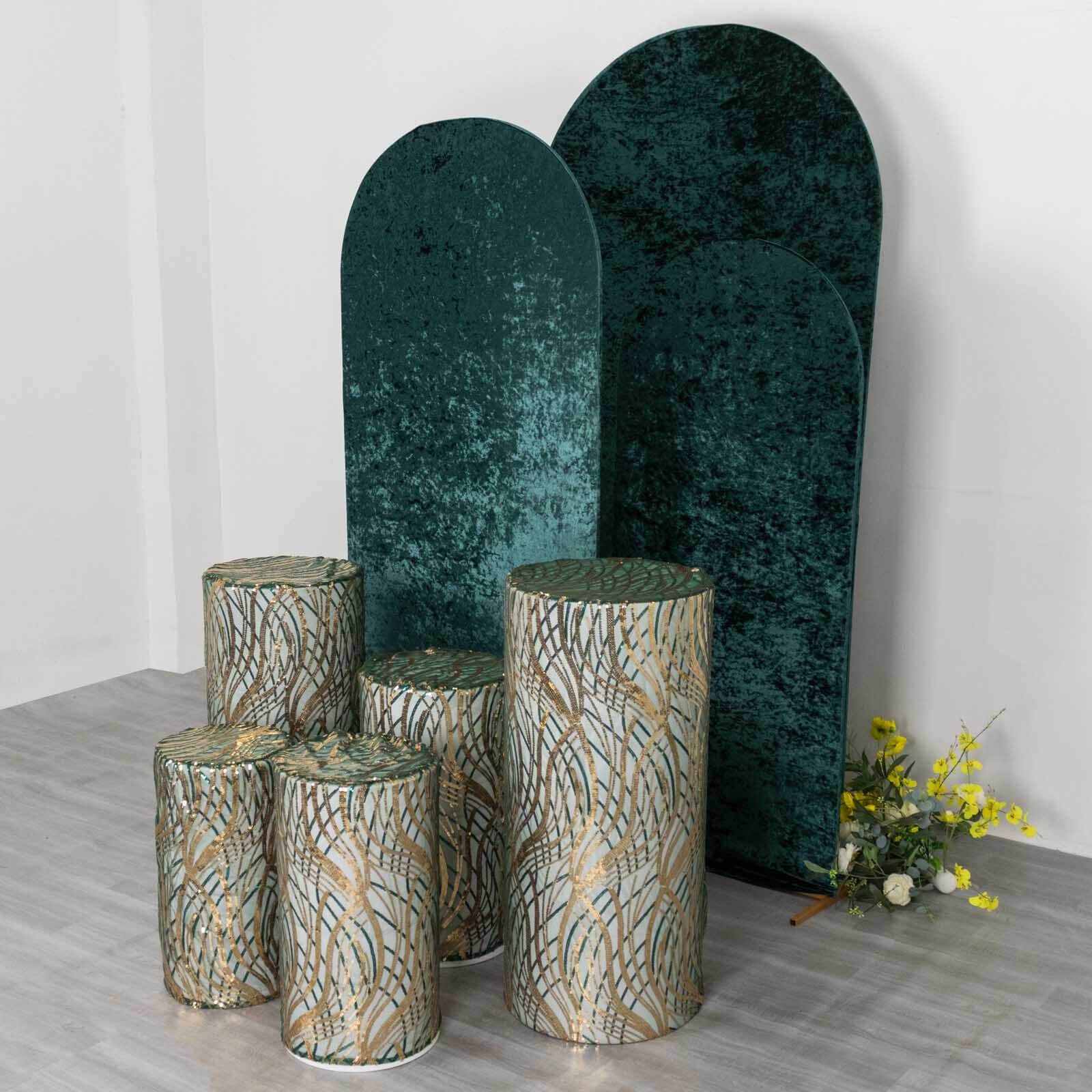 Set of 5 Hunter Green Wave Mesh Cylinder Pillar Prop Covers with Embroidered Sequins, Premium Emerald Pedestal Stand Covers - 160 GSM - Image 11