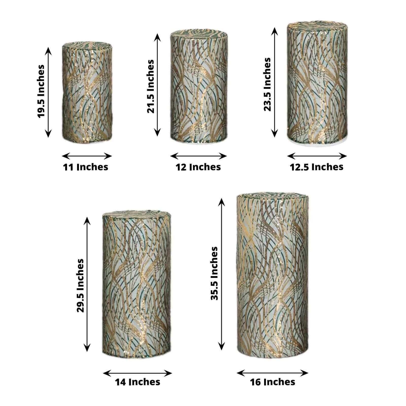 Set of 5 Hunter Green Wave Mesh Cylinder Pillar Prop Covers with Embroidered Sequins, Premium Emerald Pedestal Stand Covers - 160 GSM - Image 3