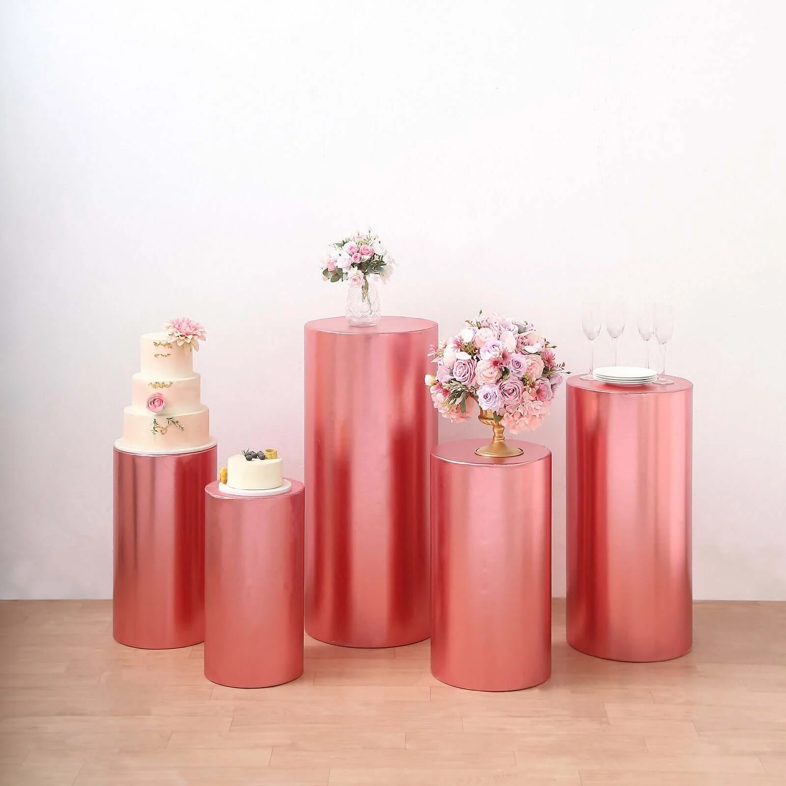 Set of 5 Metallic Rose Gold Spandex Cylinder Pillar Prop Covers, Shiny Stretchable Pedestal Stand Covers - 130 GSM - Image 10
