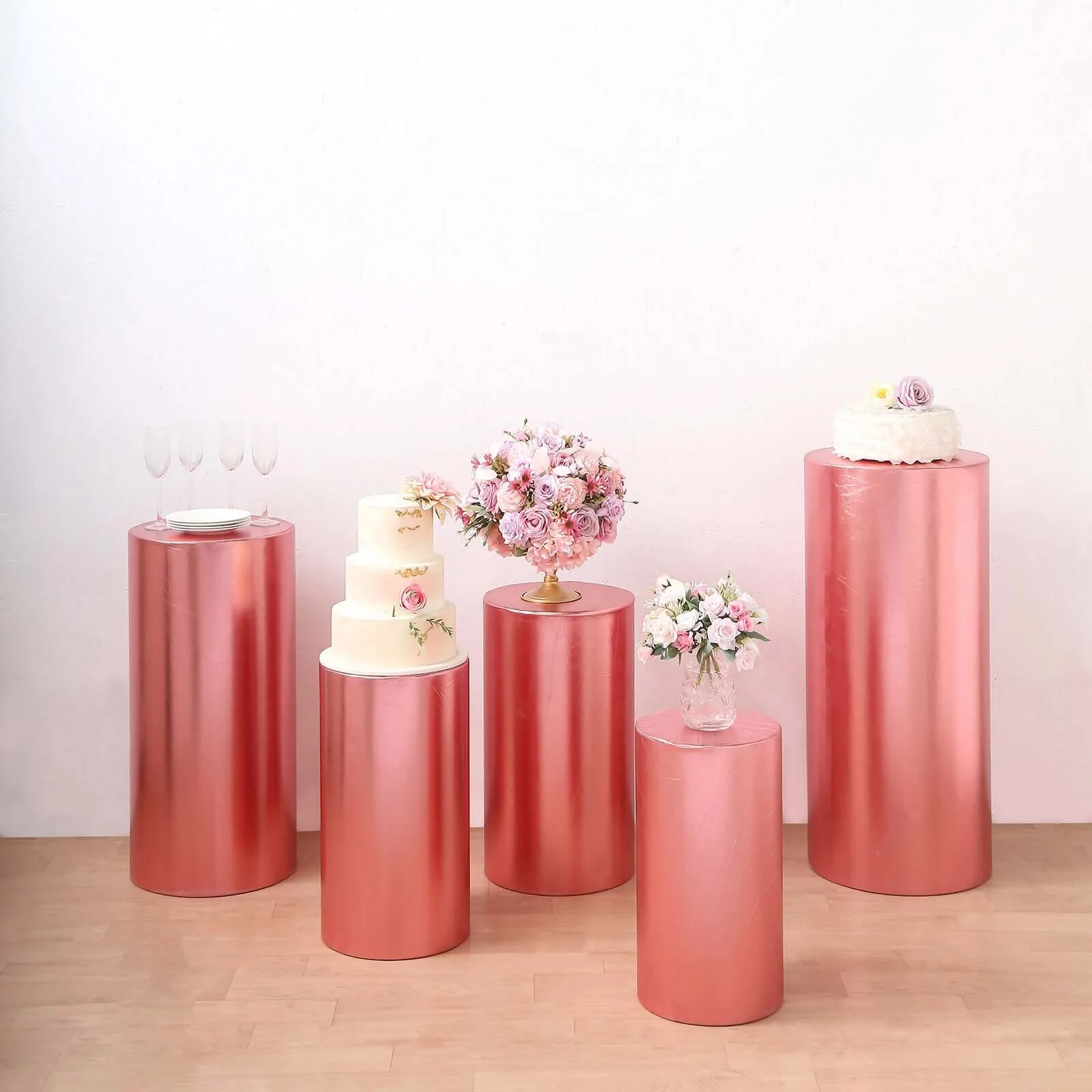 Set of 5 Metallic Rose Gold Spandex Cylinder Pillar Prop Covers, Shiny Stretchable Pedestal Stand Covers - 130 GSM - Image 11