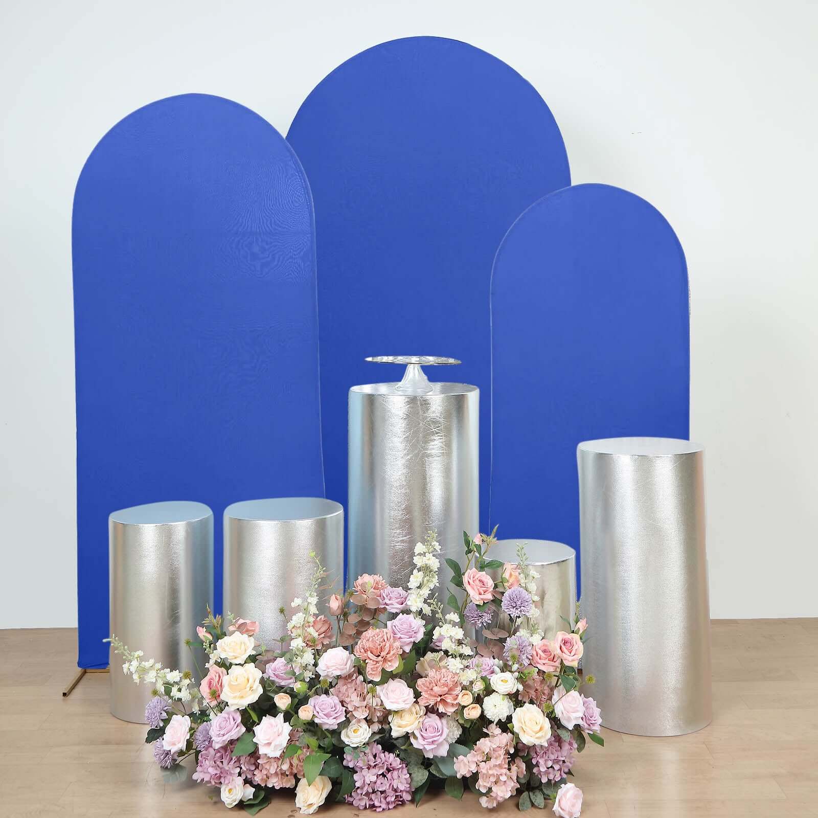 Set of 5 Metallic Silver Spandex Cylinder Pillar Prop Covers, Shiny Stretchable Pedestal Stand Covers - 130 GSM - Image 2