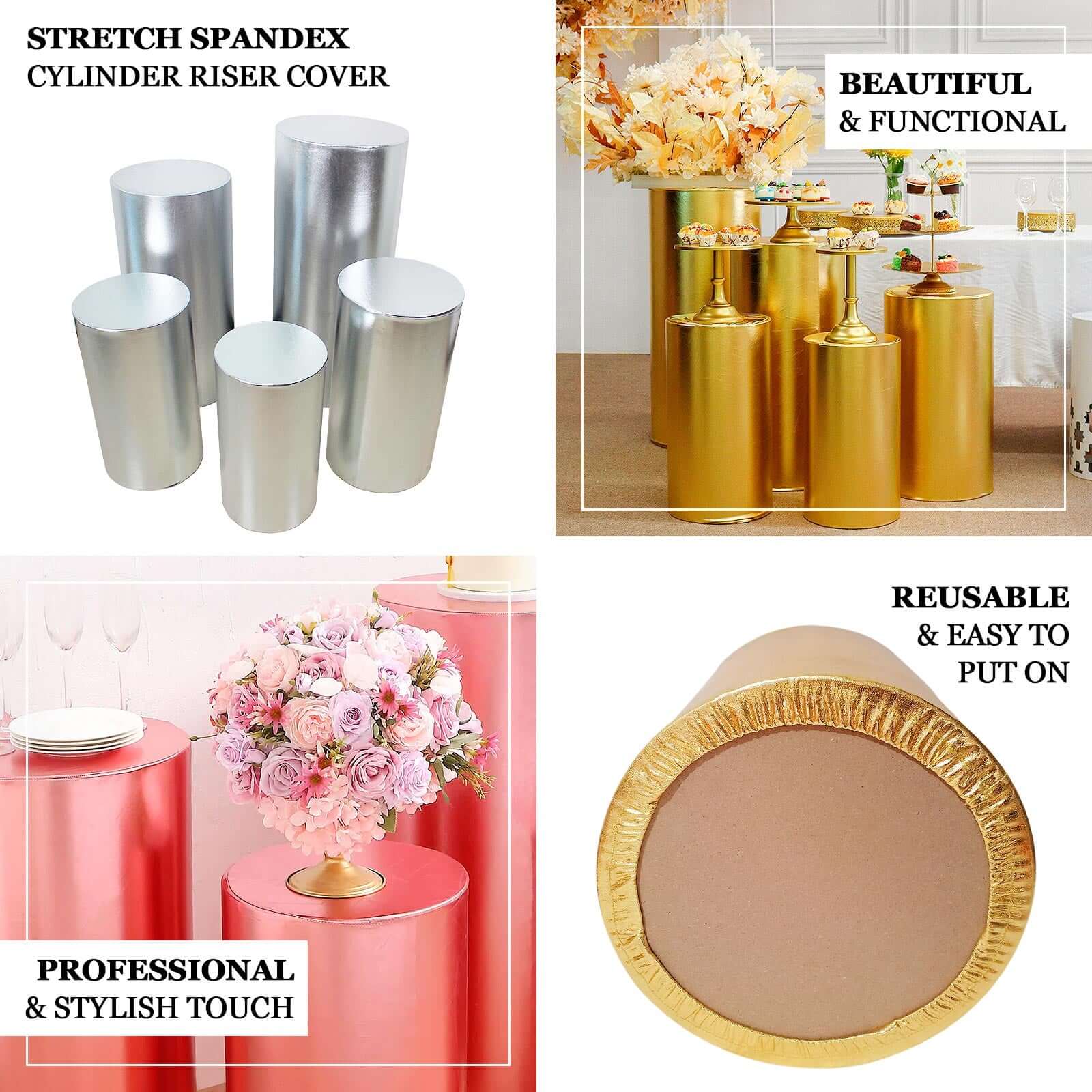 Set of 5 Metallic Silver Spandex Cylinder Pillar Prop Covers, Shiny Stretchable Pedestal Stand Covers - 130 GSM - Image 4