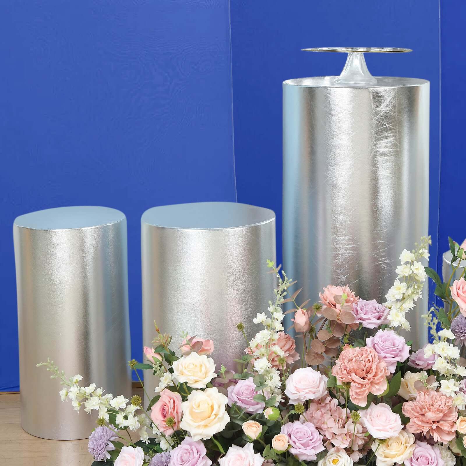 Set of 5 Metallic Silver Spandex Cylinder Pillar Prop Covers, Shiny Stretchable Pedestal Stand Covers - 130 GSM - Image 7