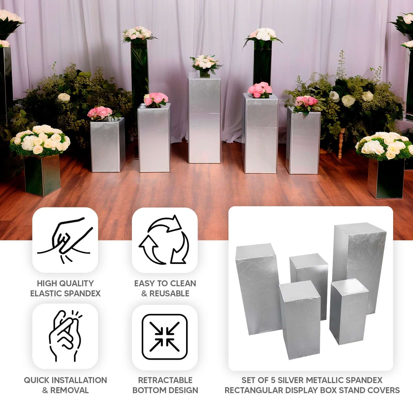 Set of 5 Metallic Silver Spandex Rectangle Pillar Prop Covers, Stretchable Pedestal Stand Covers - 160 GSM - Image 4