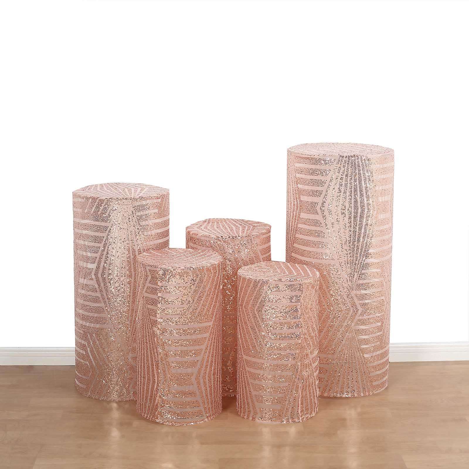 Set of 5 Rose Sequin Mesh Cylinder Pillar Prop Covers with Geometric Pattern Embroidery, Sparkly Sheer Tulle Pedestal Stand Covers