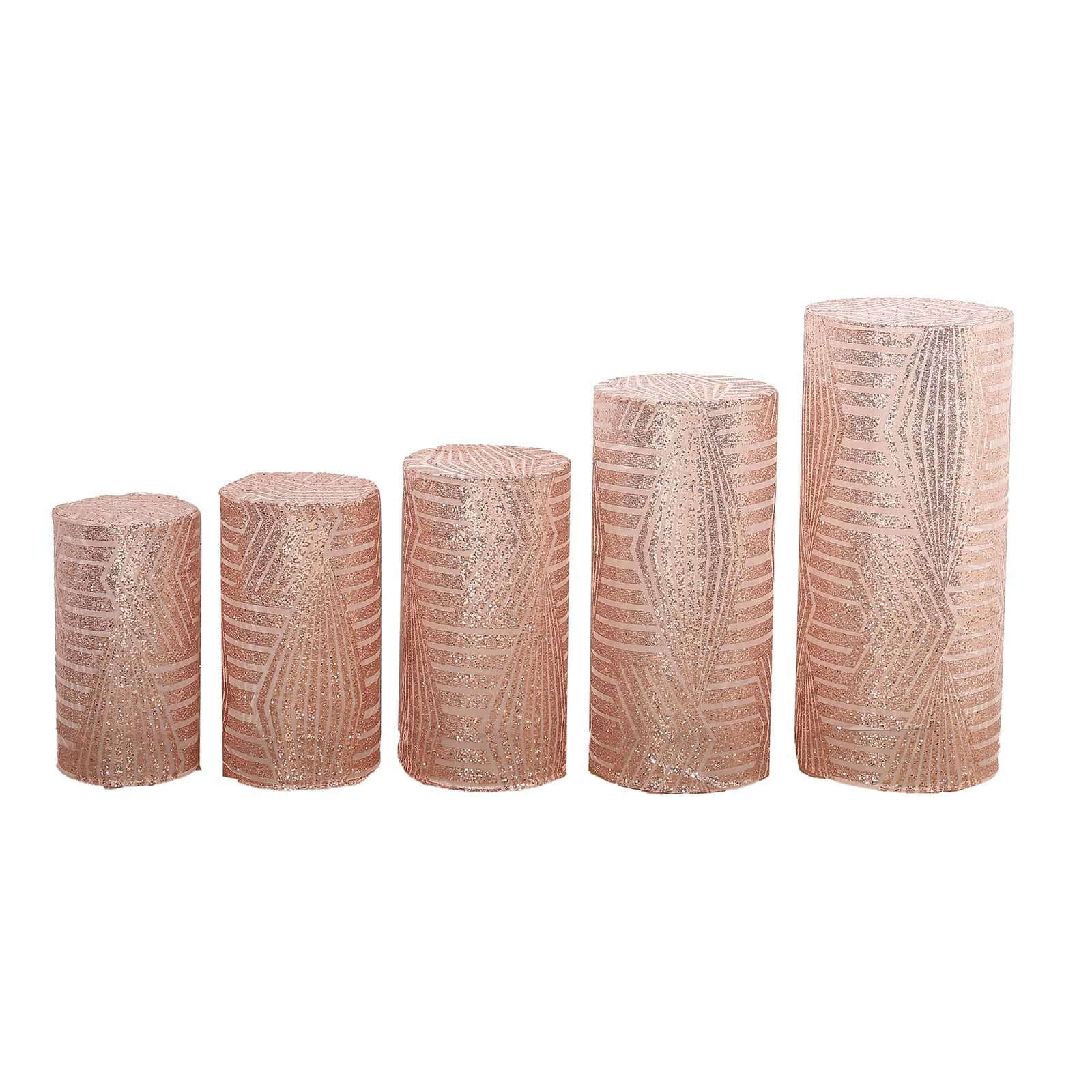 Set of 5 Rose Sequin Mesh Cylinder Pillar Prop Covers with Geometric Pattern Embroidery, Sparkly Sheer Tulle Pedestal Stand Covers - Image 10