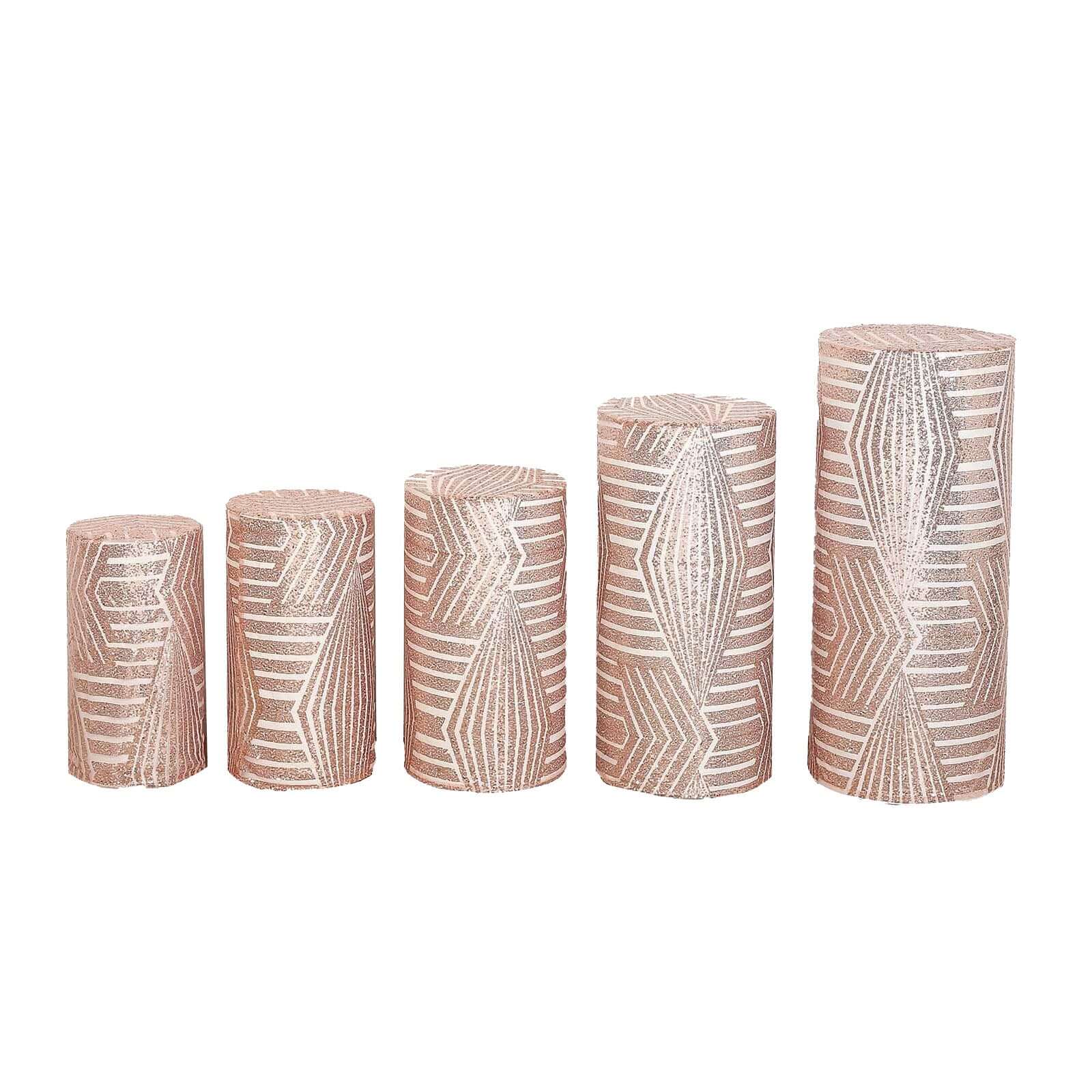 Set of 5 Rose Sequin Mesh Cylinder Pillar Prop Covers with Geometric Pattern Embroidery, Sparkly Sheer Tulle Pedestal Stand Covers - Image 12