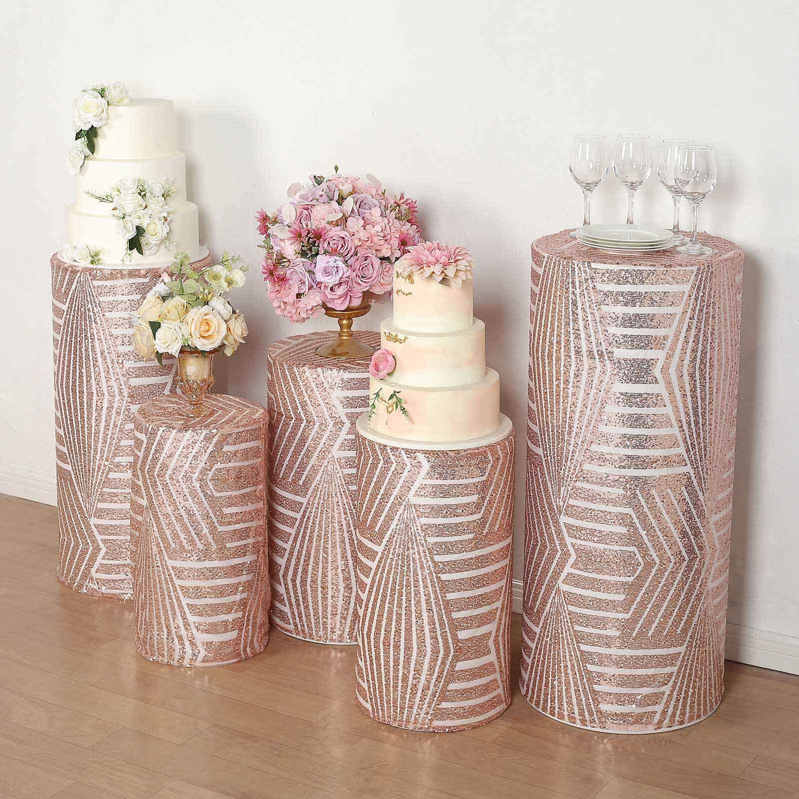 Set of 5 Rose Sequin Mesh Cylinder Pillar Prop Covers with Geometric Pattern Embroidery, Sparkly Sheer Tulle Pedestal Stand Covers - Image 2
