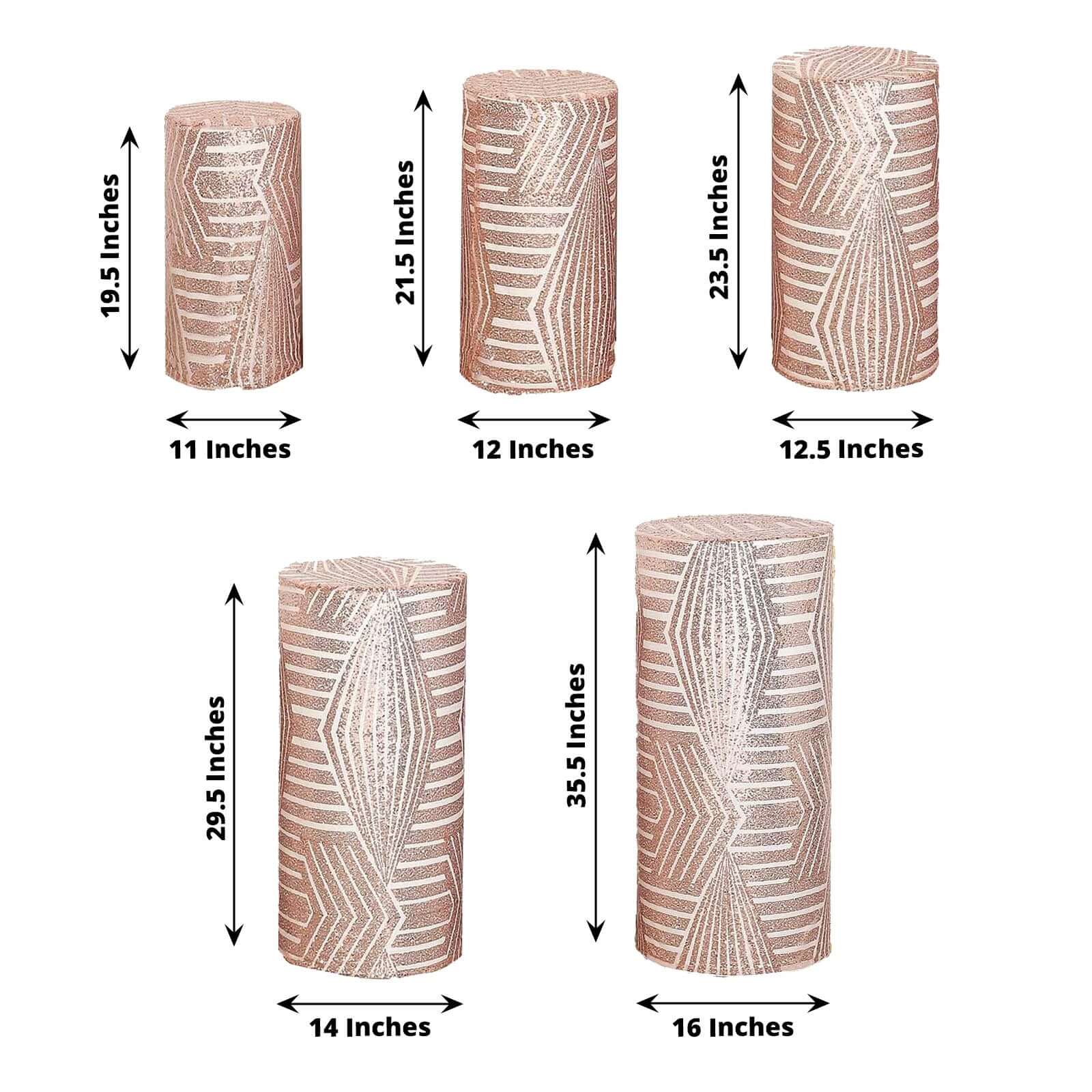 Set of 5 Rose Sequin Mesh Cylinder Pillar Prop Covers with Geometric Pattern Embroidery, Sparkly Sheer Tulle Pedestal Stand Covers - Image 3