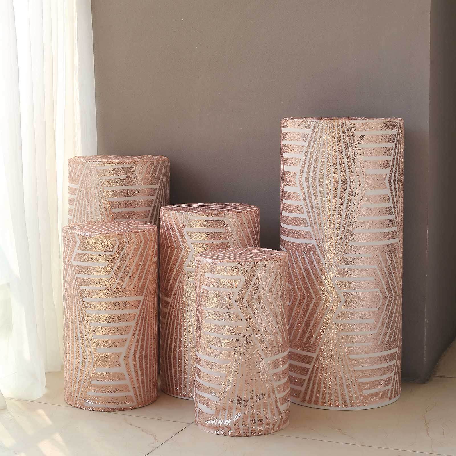 Set of 5 Rose Sequin Mesh Cylinder Pillar Prop Covers with Geometric Pattern Embroidery, Sparkly Sheer Tulle Pedestal Stand Covers - Image 5