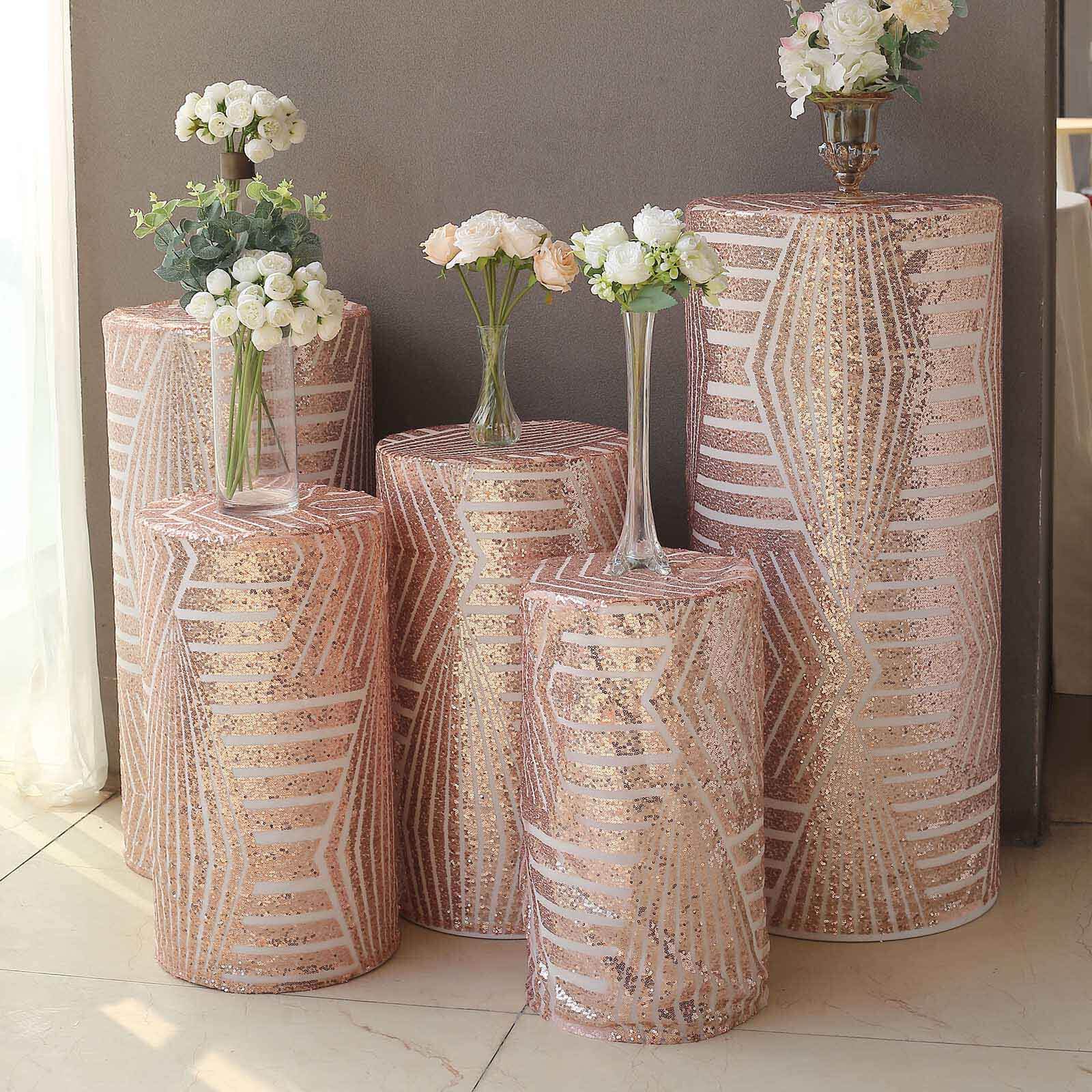 Set of 5 Rose Sequin Mesh Cylinder Pillar Prop Covers with Geometric Pattern Embroidery, Sparkly Sheer Tulle Pedestal Stand Covers - Image 6